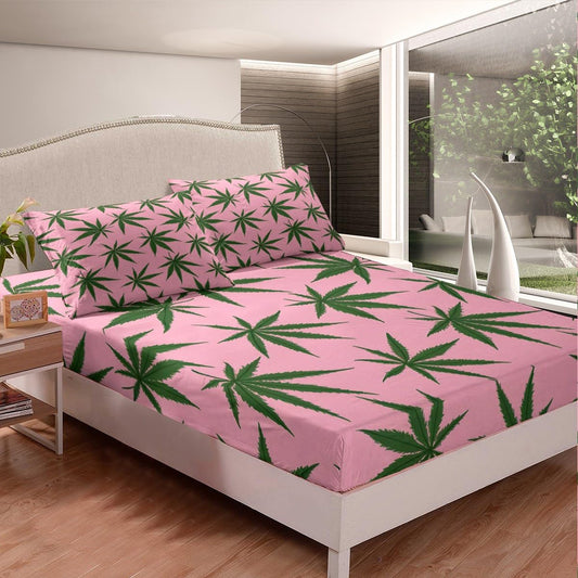 Feelyou Marijuana Leaf Bed Sheets Pink Cannabis Leaves Bed Sheet Set for Girls Women Adults Marijuana Weed Green Leaf Bedding Set Botanical Hemp Fitted Sheet Bedroom Collection 3Pcs Full Size