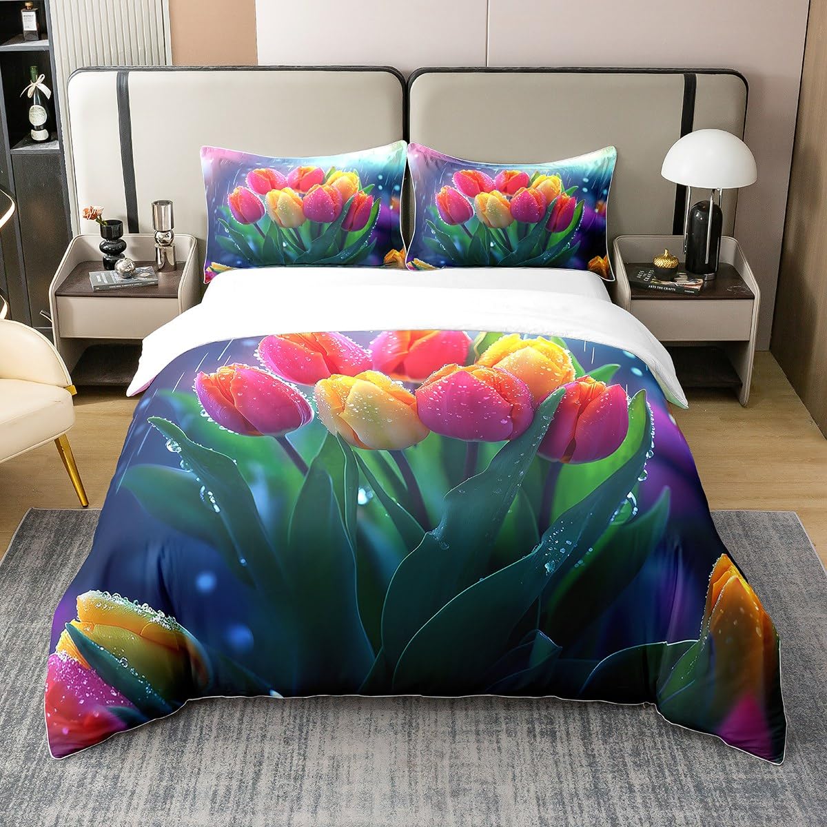 Erosebridal Tulips Comforter Cover Twin Size 100% Cotton Spring Summer Flowers Duvet Cover for Kids Girls Teen Women,Rainy Floral Pink Yellow Tulips Bedding Set Pastel Plants Bed Set