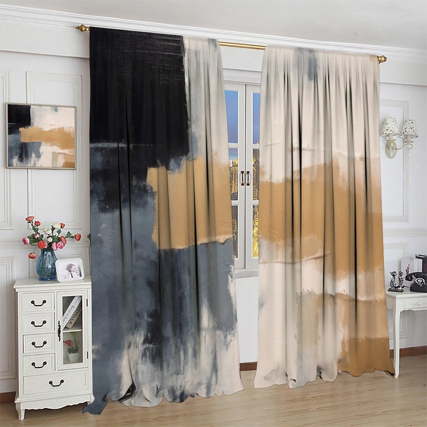 Abstract Black Beige Gray Curtains, Rod Pocket Taupe Tan Neutral Art Painting Modern Window Drapes for Living Room Bedroom, 20.5" W x 44.5" L, 2 Panels （No Blackout）