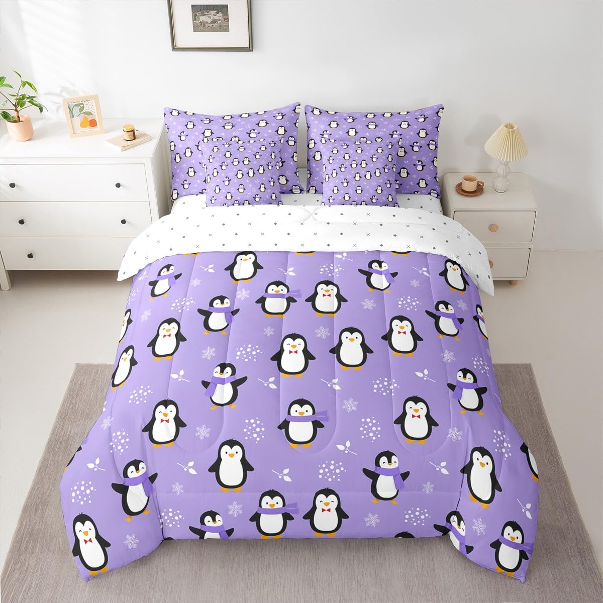 Erosebridal Penguin 7 Piece Bedding Set King Kawaii Kids Comforter Set with Sheets Antarctic Animal Bed in A Bag Cartoon Cute Winter Snowflake Bed Sets