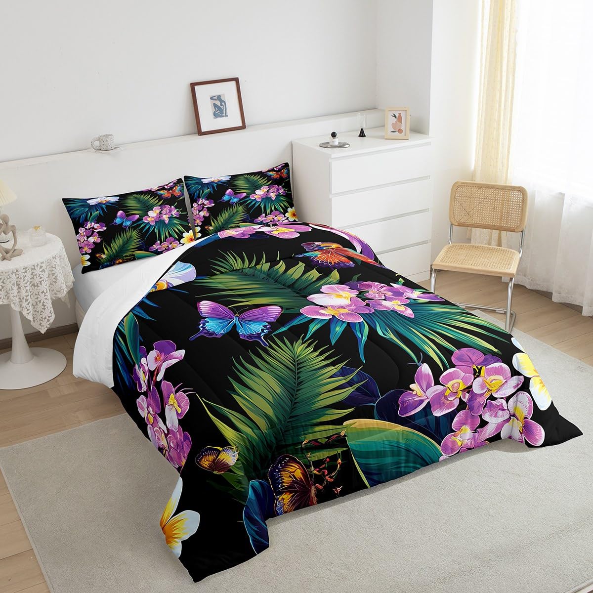 jejeloiu Butterfly Bedding Set Full Size Kids Tropical Leaves Comforter for Boys Girls Botanical Comforter Set Nature Summer Duvet Set Room Decorations Quilt Set