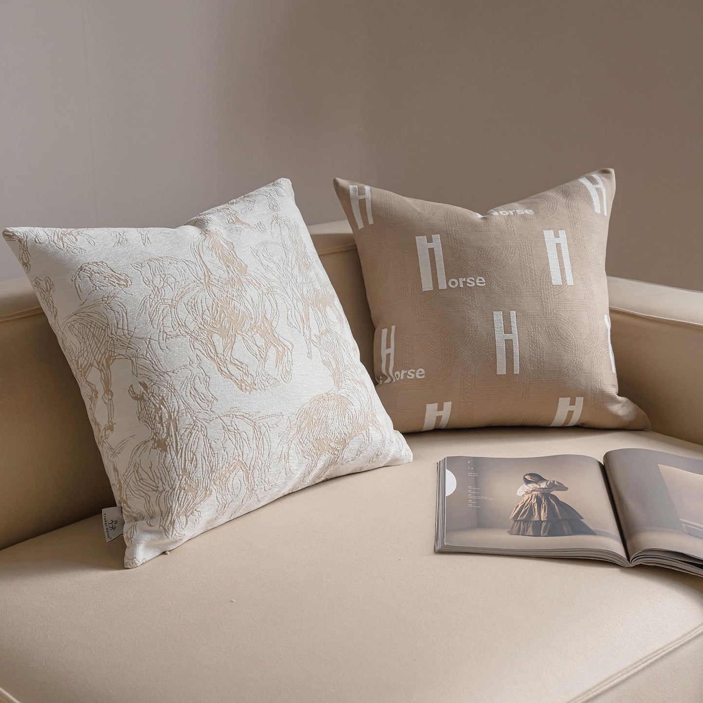 Croker Horse 20x20'' Inches Throw Pillow Cushion Cover - Beige H Letter Embroidery Modern Fashion Style Couch Sofa Pillow Cover for Living Room Bedroom
