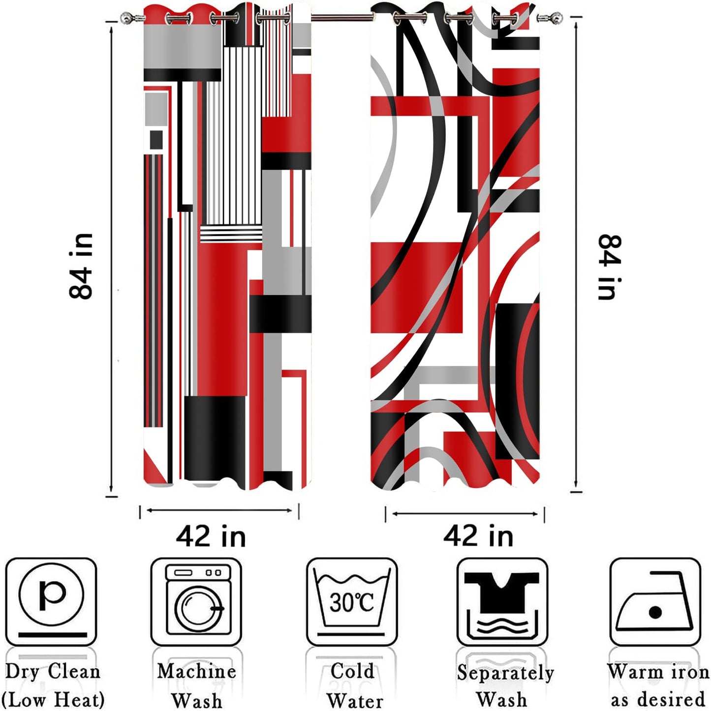 HIYSMT Red Black White Line Geometric Curtains,42x84inch Gray Red Plaid Striped Blackout Curtain,Abstract Red Modern Art Drape for Bedroom Living Room 2Panels HI01CL