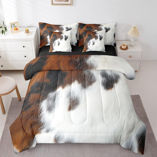 Erosebridal Cowhide Teens Comforter Set 7 Piece Western Cow Print Bedding Set King Size Bull Cattle Skin Bed in A Bag for Kids Boys Adult Bedroom Farmhouse Animal Hair Sheets