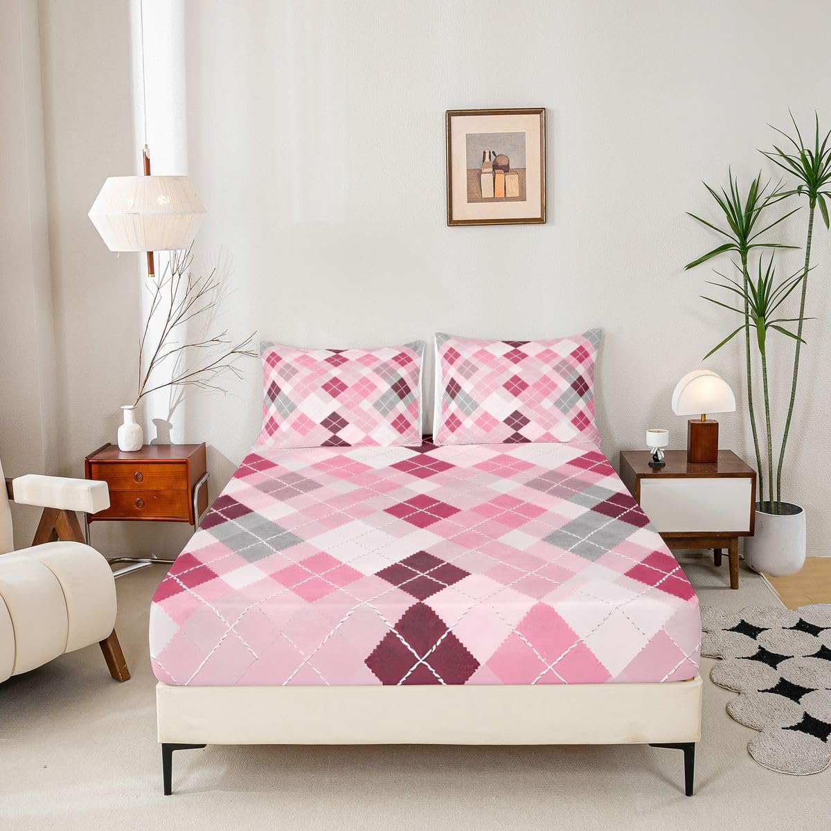 jejeloiu Traditional Argyle Pattern Fitted Sheet with 1 Pillowcase Twin Size Plaid Bed Sheets Set 16" Deep Pocket Boys Girls Pink Checkered Striped Classical Bedding Teens Bedroom Breathable Soft