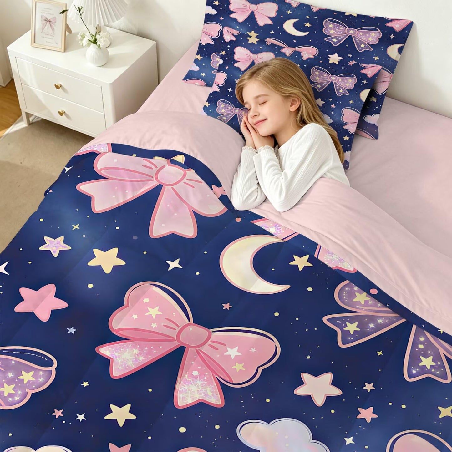FUYEUN Pink Bow Dark Blue Night Sky 7 Piece Twin Comforter Set for Girls