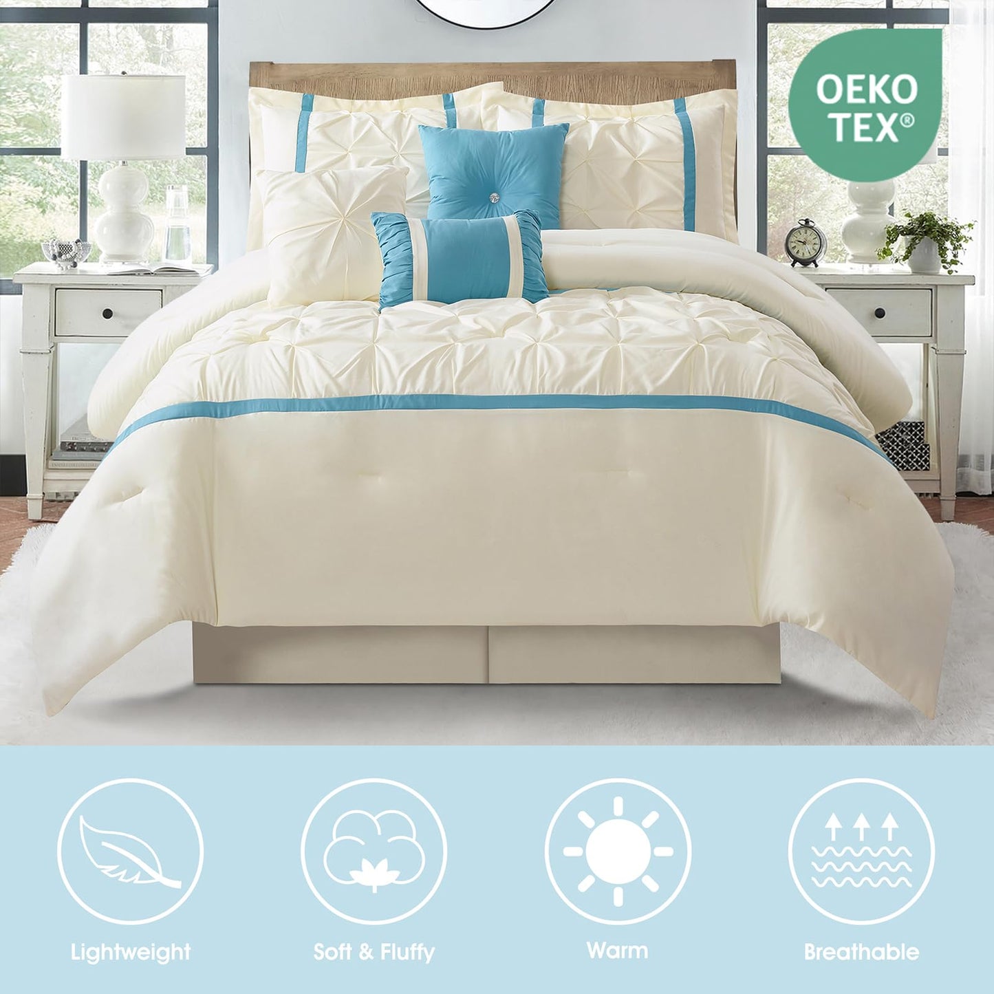 LANCO MODERN LIFESTYLE Beige Blue Comforter Set, King, 7 Piece Bed in a Bag, Microfiber Handcrafted Pintucking, All Season Bedding Set with Comforter, Bedskirt, Pillow Shams and Decro Pillows