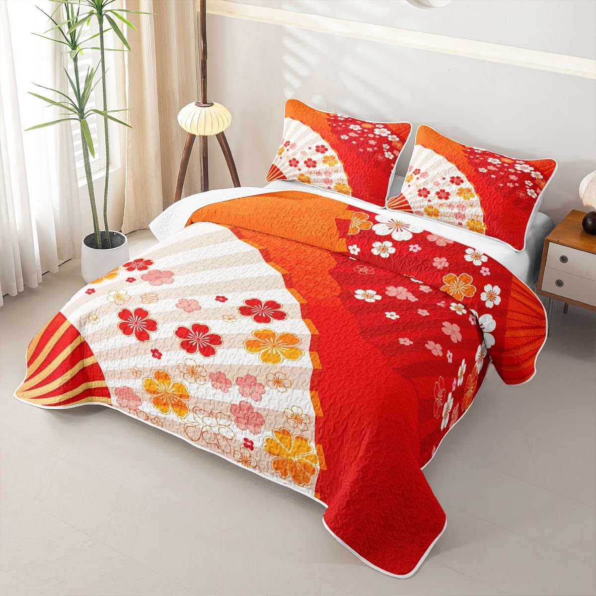 Erosebridal Japanese Style Fan Quilts Twin Size - Japan Fan Cherry Blossoms Bedspread Coverlet Set, Asian Themed Quilt Coverlets 2Pcs (Only 1 Pillowcase)