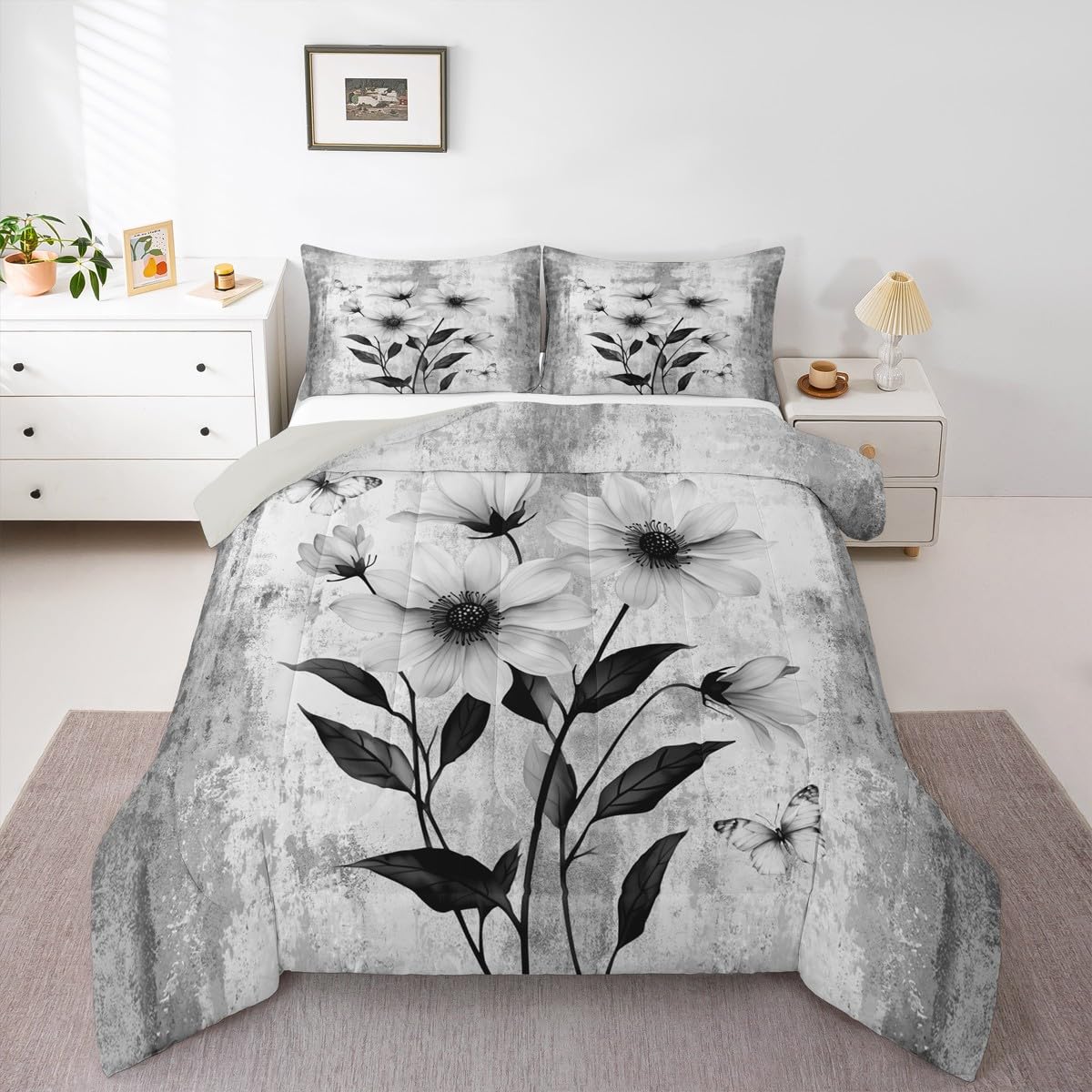 Erosebridal Watercolor Flowers Queen Comforter Set Abstract Oil Painting Daisy Bedding Set Rustic Farmhouse Bed Set Ombre Grey White Quilt Set