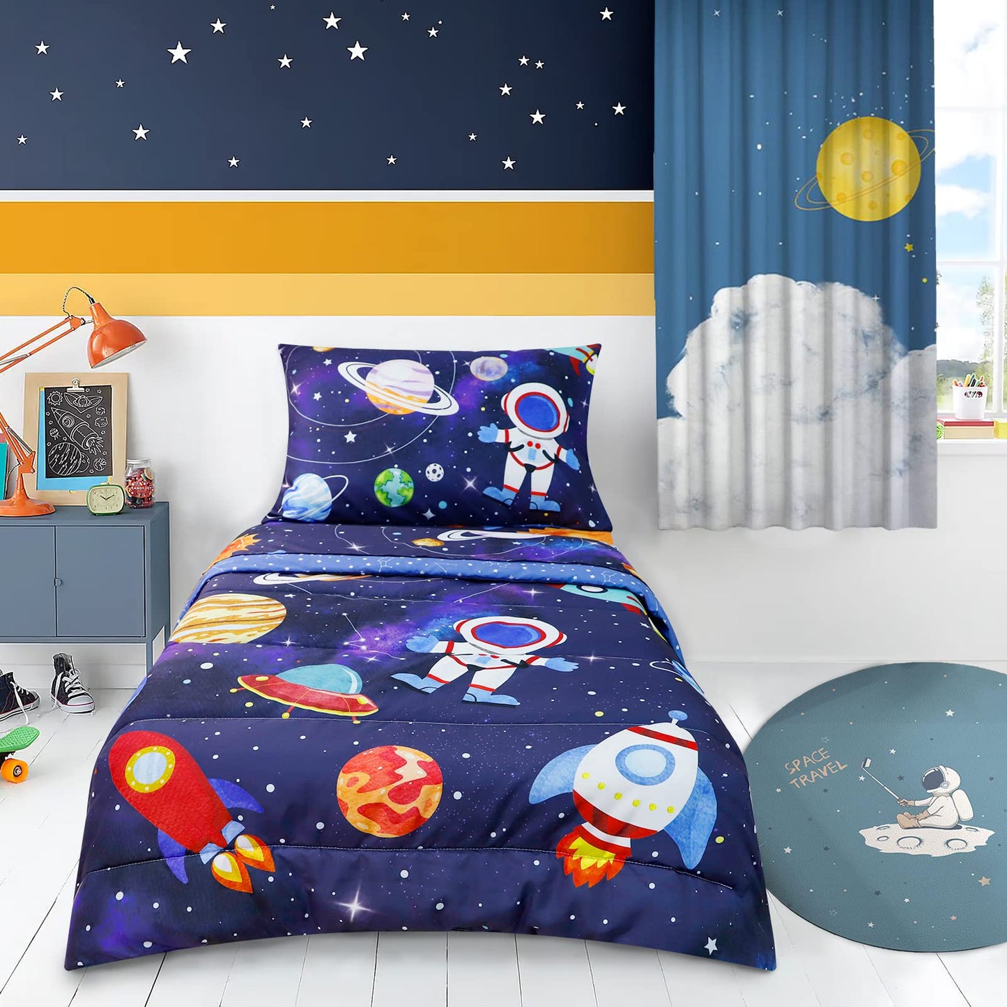 SWESEN Toddler Bedding Set for Boys, Blue Space Toddler Boy Bedding Set, Soft & Lightweight 4 Piece Toddler Comforter Sets Include Comforter, Flat Sheet, Fitted Sheet, Pillowcase