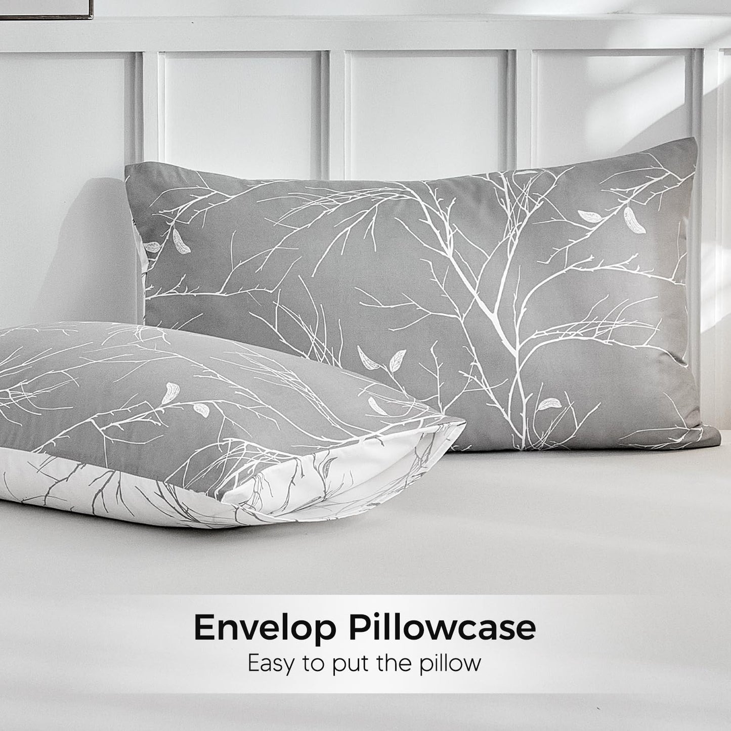 Lekesky Duvet Cover Queen Size with Fitted Sheet - 4 Pieces Printed Soft Bedding Set, Includes 1 Duvet Cover 90x90 Inches with Zipper Closure & 8 Ties, 2 Pillow Cases, 1 Fitted Sheet, Grey Leaves