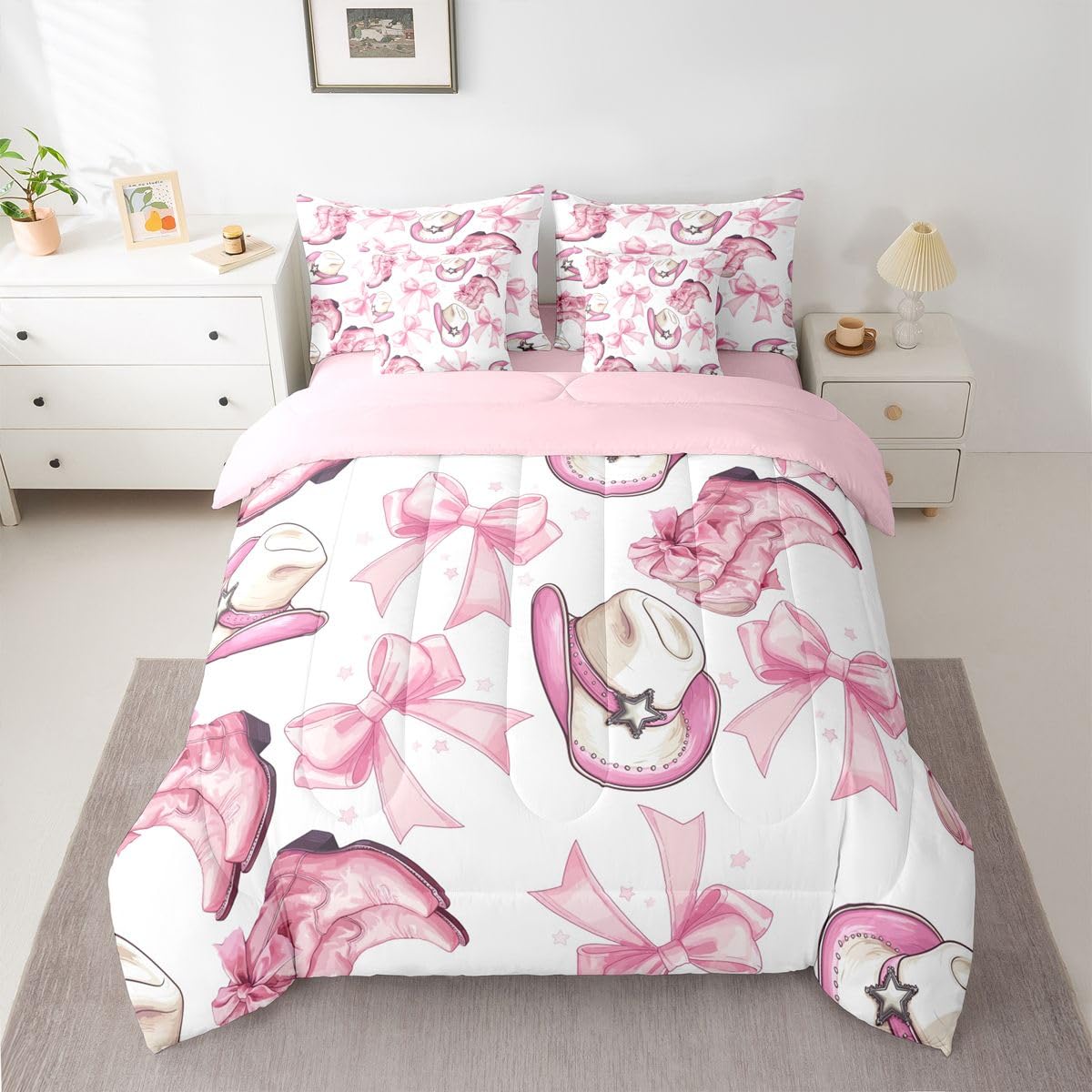 Erosebridal Bow Pink Western Cowgirls Full Comforter Set 7 Pieces | Starry Kawaii Bowknot Bed in A Bag for Bedroom Cute Hat Boots Bedding Set with Comforters Cute Hat Boots Room Decor
