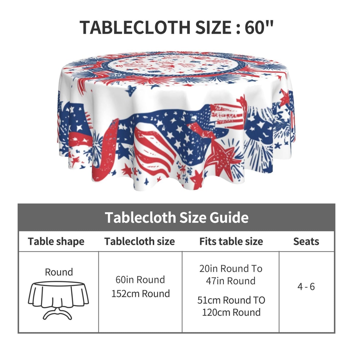 mutakin 4th of July Fireworks Tablecloth Patriotic Round Table Cloth Washable Table Cover for Home Kitchen Party Picnic 60 Inch
