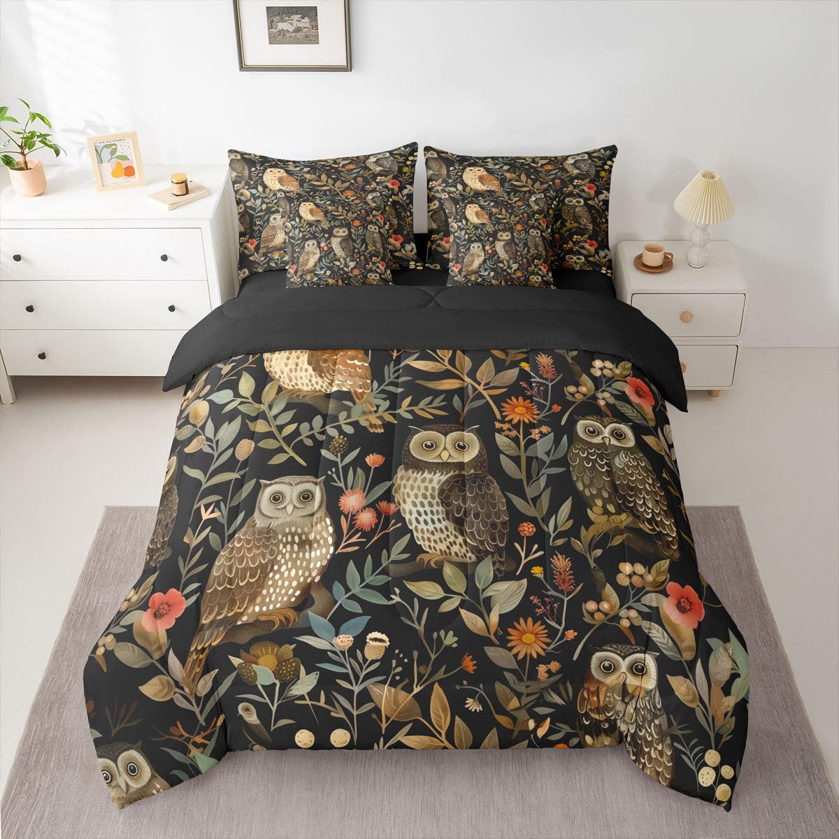 Erosebridal Kawaii Owl Queen Comforter Set 7 Pieces,Black and Brown Bed in A Bag,Wild Anima Bedding Set with Comforters, Sheets, Pillowcases Cute Bird Bedroom Decor