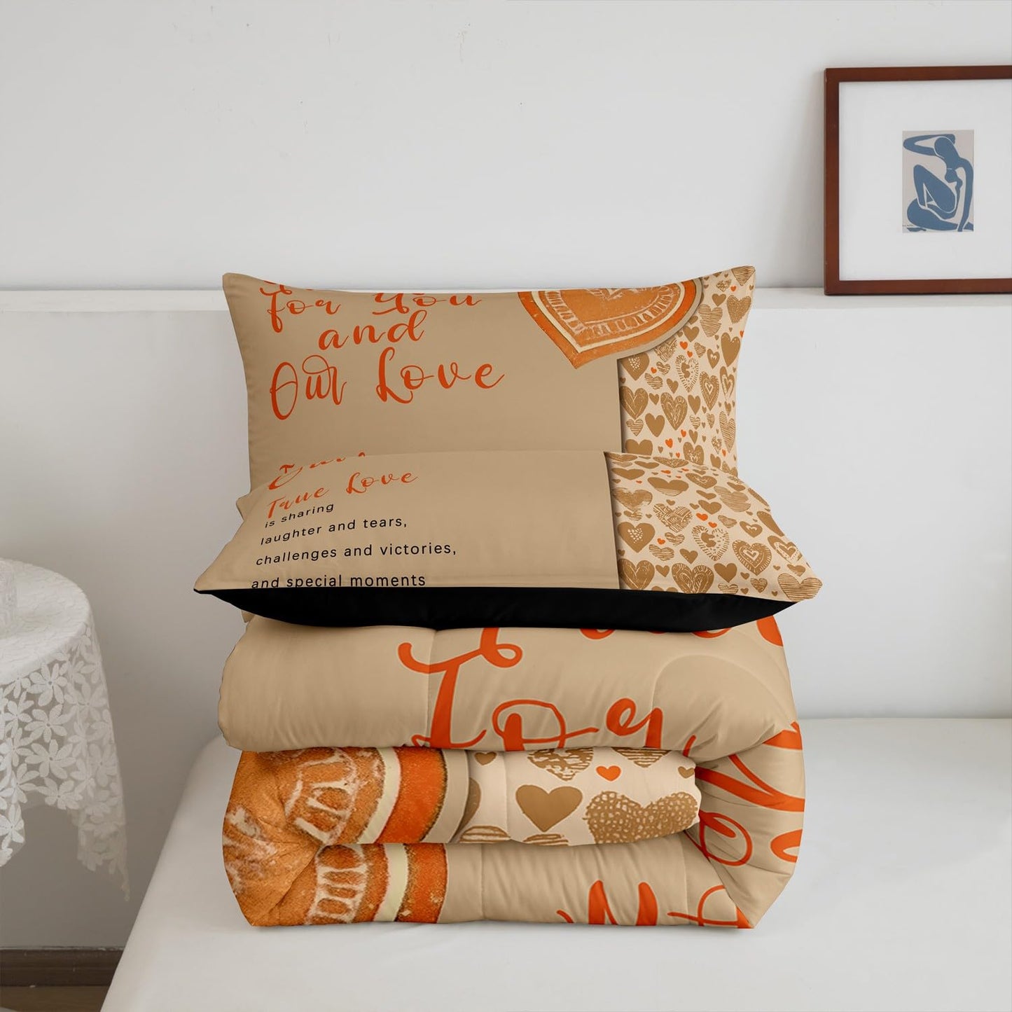 Erosebridal Romantic Love Hearts Comforter Set Queen,Orange Motto Down Comforter,Valentine Gifts Bedding,True Love Bedding Comforter Sets
