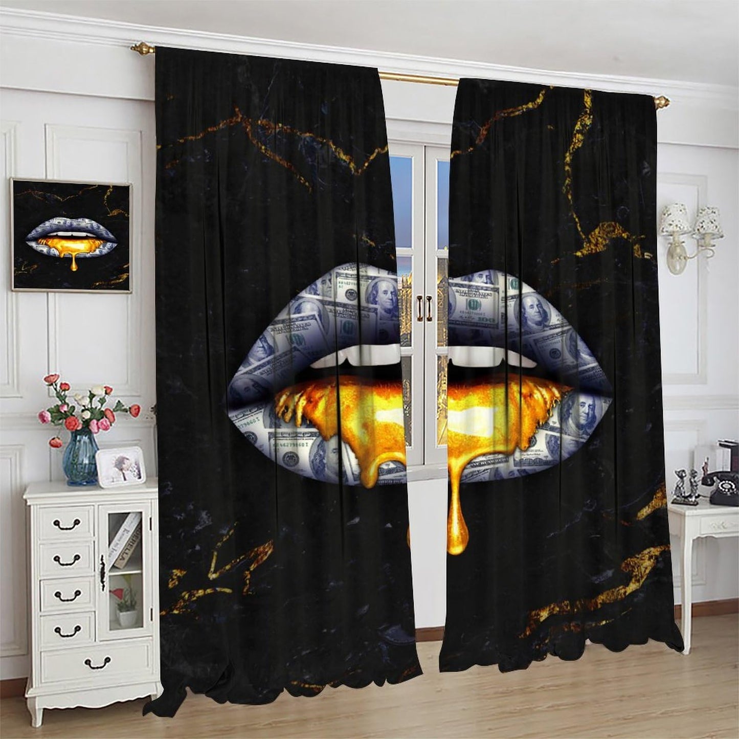 SENQIAN Abstract Money Lips Curtains Modern Marble Dollar Art Printed Rod Pocket Blackout Window Drapes for Living Room Bedroom Kitchen Cafe Decor W21xL45inx2 Decor