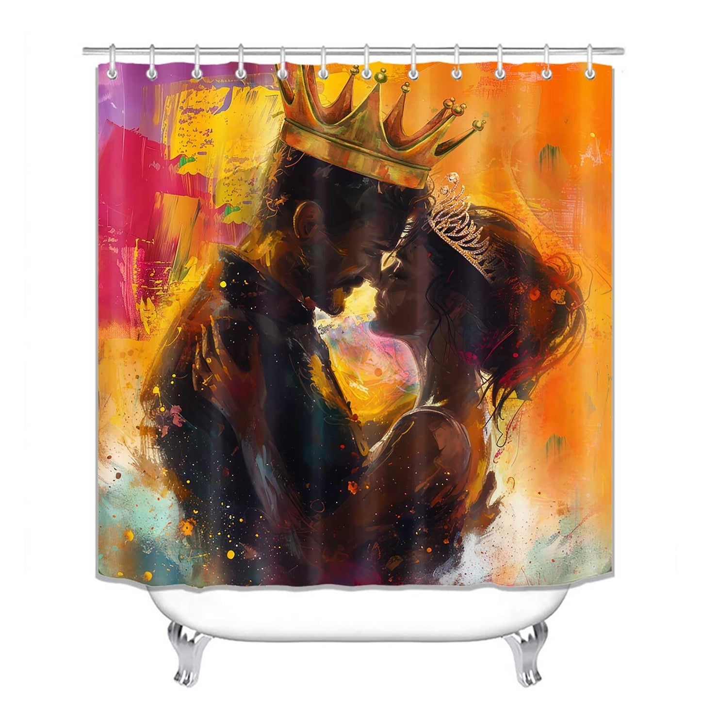 OLEBETY 4PCS African American Shower Curtain Sets with Rugs, Waterproof Fabric Shower Curtain, Oil Painting Art Romantic Black King Queen Afro Couple Lovers Luxury Gold Crown Men Women Bathroom Decor