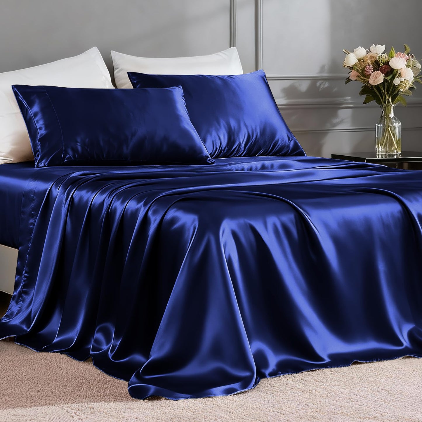 FreshCulture Satin Sheets Full Size - 4 Piece Luxury Soft Silky Full Size Bed Sheets, Similar to Silk Bed Sheet Set with 1 Deep Pocket Fitted Sheet, 1 Flat Sheet & 2 Pillowcases (Navy)