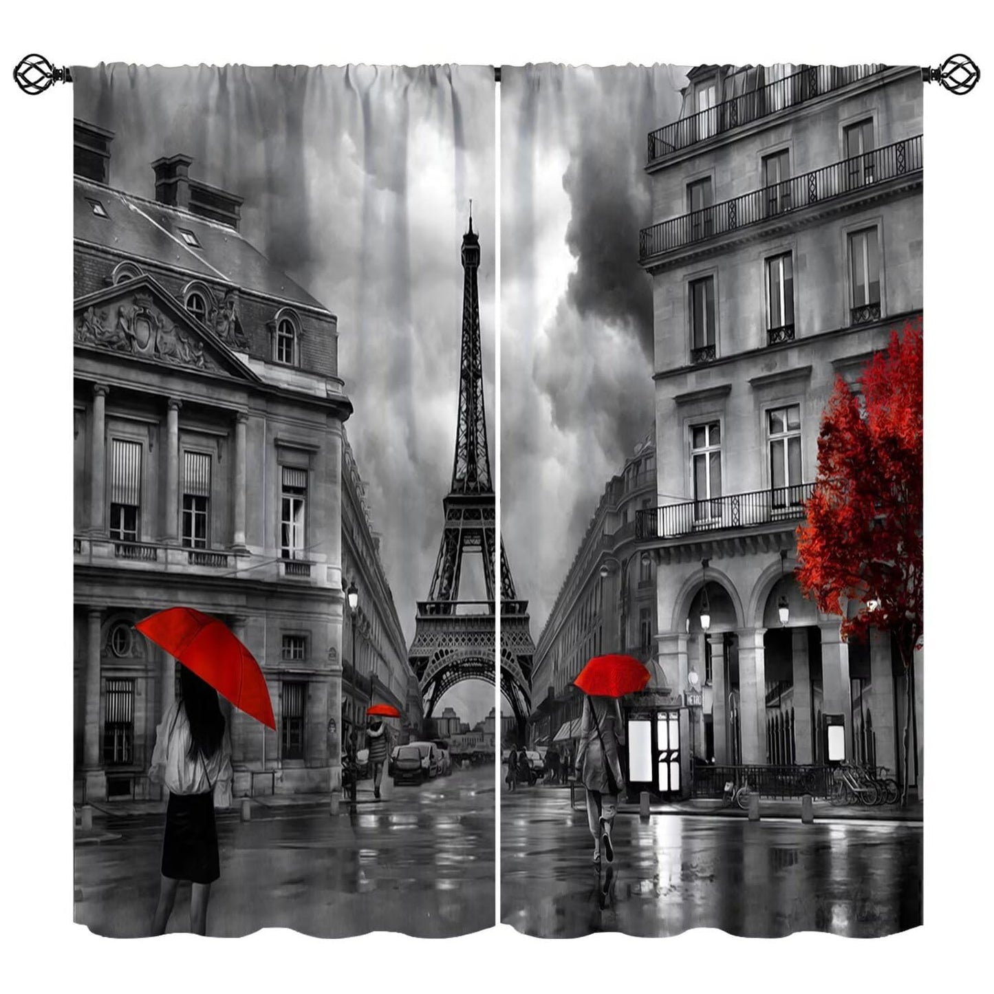Wallira Paris Eiffel Tower Curtains Black Red French City Romantic European Lady Stylish Decor Rod Pocket Window Treatments for Girl Women Aldult Bedroom Living Restaurant Drapes 41" W X 45" L
