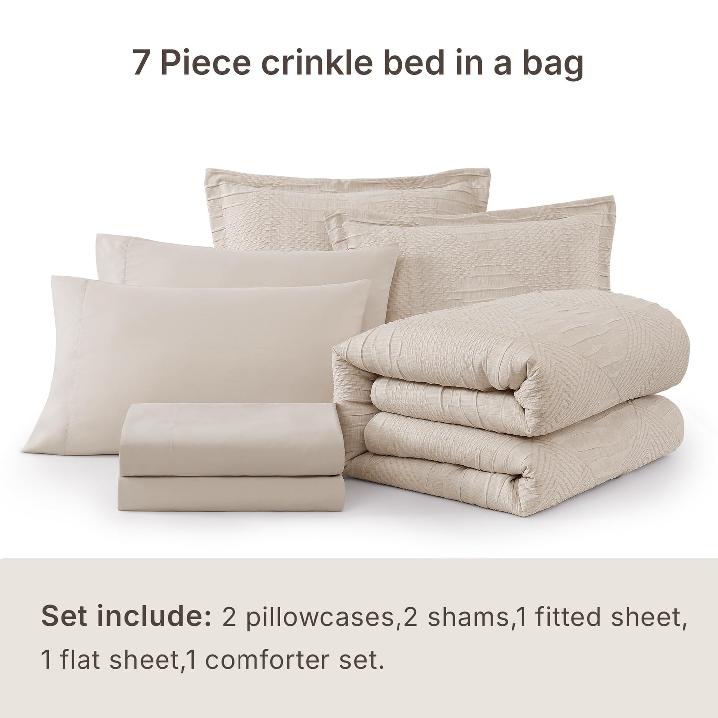 MaiRêve Queen Comforter Set Beige, Crinkle Textured Design Boho Bedding Set 7 Pieces Bed in A Bag, All Season Geometric Comforter Set with Sheets, Pillowcases & Shams