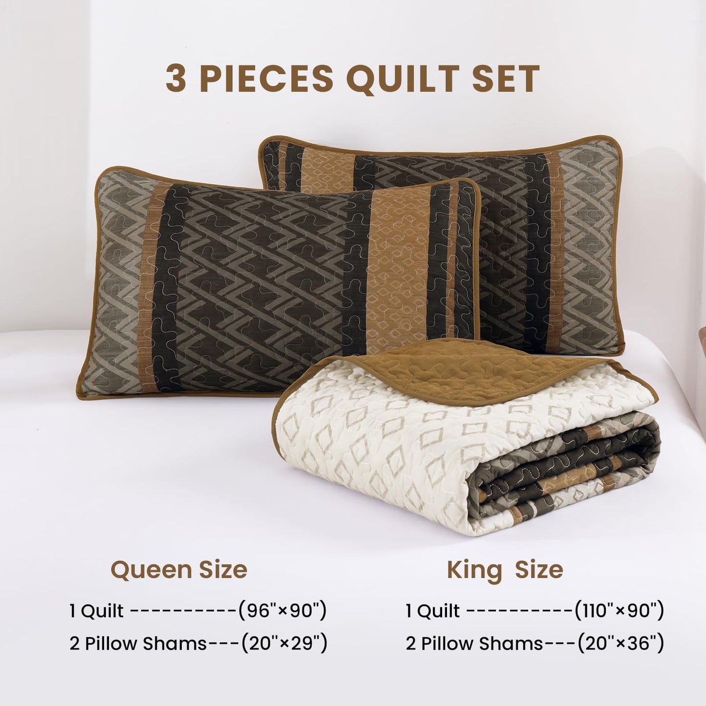 Dinjoy Queen Quilt Set Brown,Striped Bedspread Queen Size, Fall Bedding Sets 3 Pieces Micofiber Lightweight Quilts with 2 Pillow Shams Coverlet Bed Sets for Women Men 96''x90''
