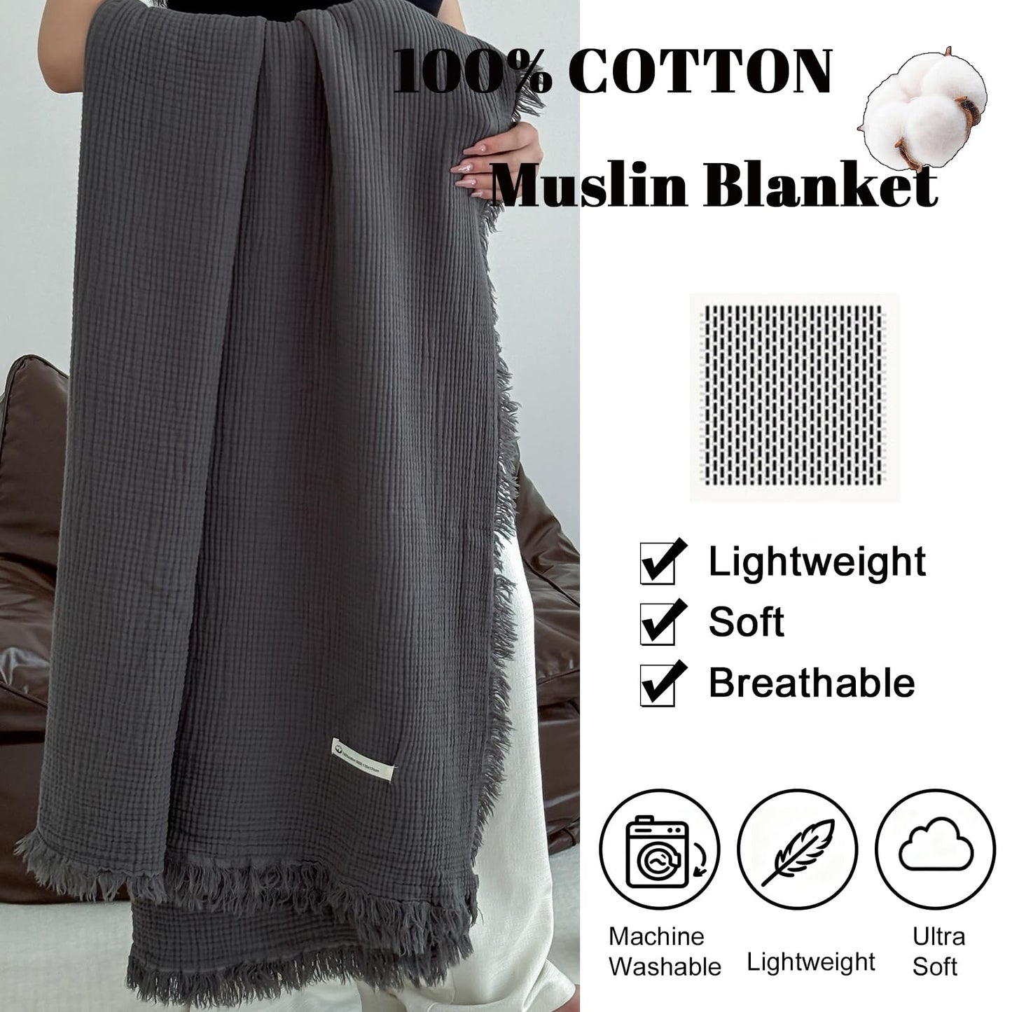 MorroMorn 100% Cotton Muslin Throw Blanket with Fringes 50"x60", 4-Layer Cotton Gauze Blankets for Adults, Boho Bedding Breathable Lightweight Ultra-Soft for Couch Bed Sofa All Seasons, Dark Grey
