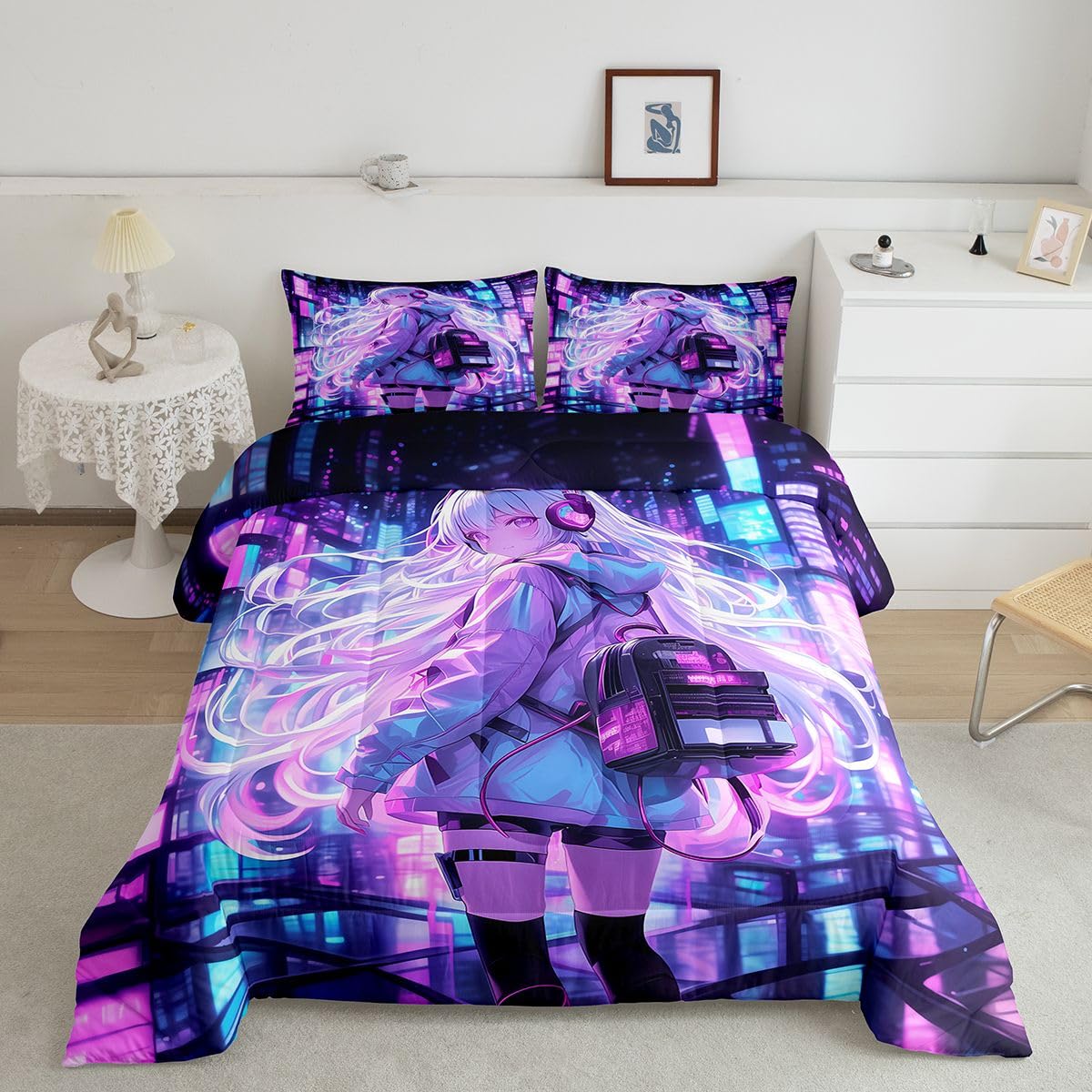Erosebridal Japanese Girl Bedding Set Girly Anime Twin Down Comforter for Kids,Sci Fi Style Gaming Comforter Set Room Decor 2 Pcs,3D Cartoon Anime Girl Duvet Insert 1 Pillow Case