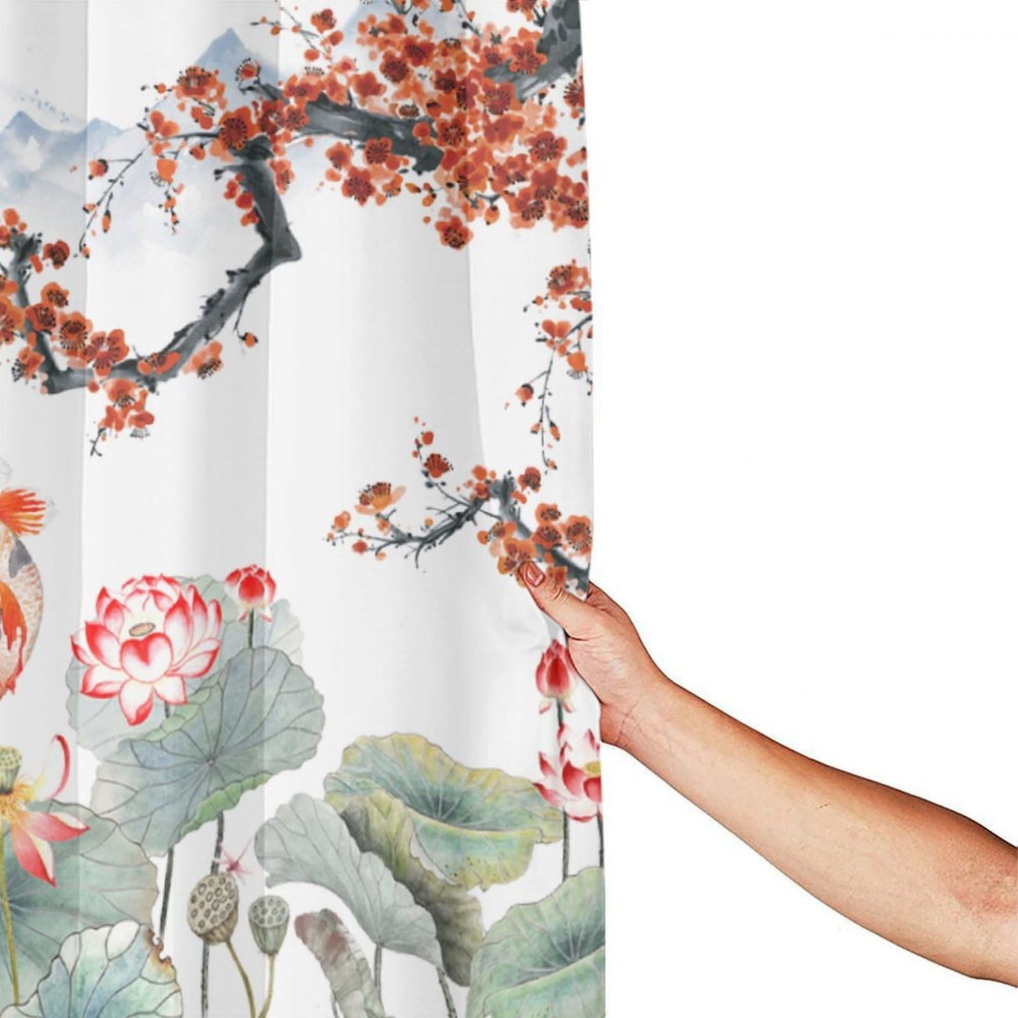 DDCBNS Japanese Koi Fish Shower Curtain,Spring Nature Landscape Cherry Blossoms Floral Print Shower Curtain for Bathroom Decor Asia Oriental Theme Fabric Waterproof Upholstery Hook 66x72inch