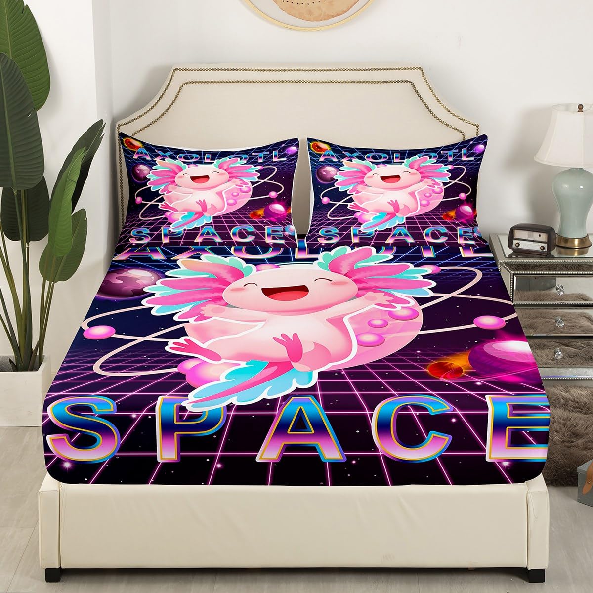 Kawaii Axolotl Bedding Set Twin for Boys Kids Galaxy Starry Sky Fitted Sheet Teens Girls Universe Outer Space Fitted Bed Sheets Cute Reptiles Animal Coastal Axolotl Bedspread Cover with 1 Pillowcase