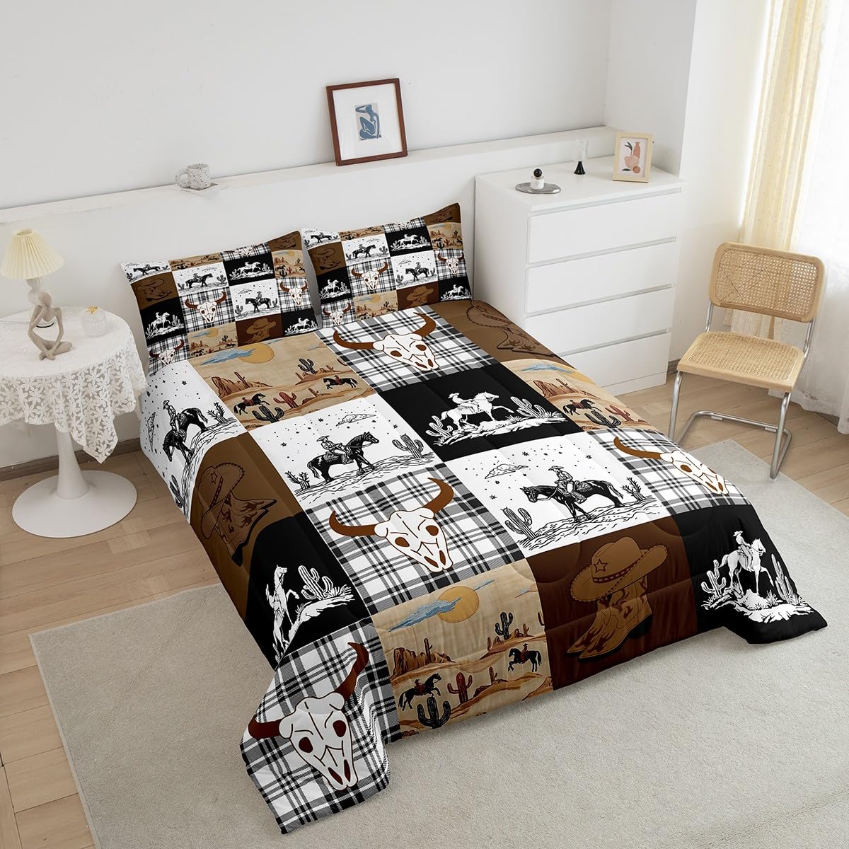 Erosebridal Boho Horse Skull Bull Bedding Set Twin, Western Cowboy Country Hunting Comforter Set, Exotic Wild Animal Plaid Check Adventure Comforter, Southwestern Rustic Farmhouse Quilt