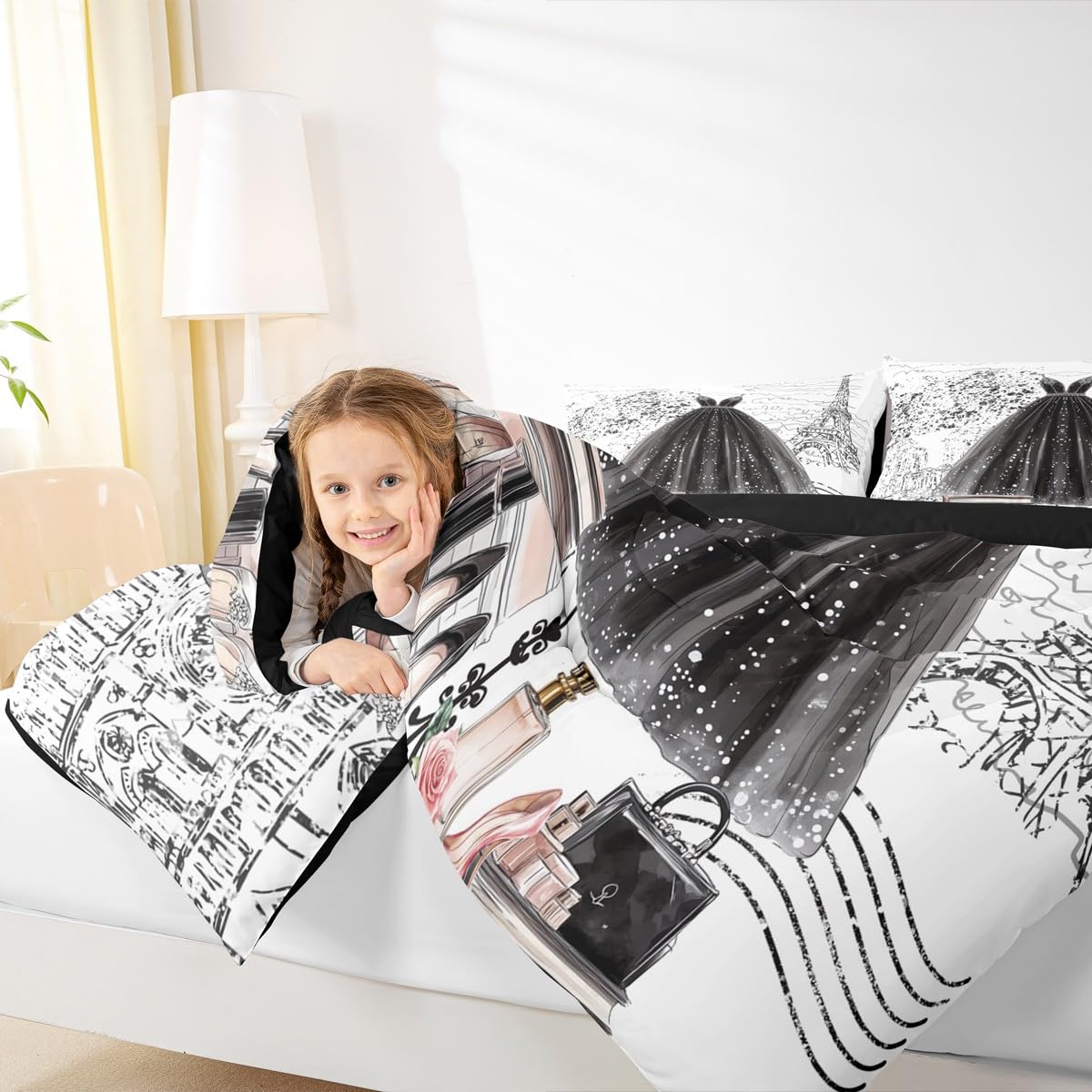 Erosebridal Fashion Girly Dress Comforter King Size Black White Eiffel Tower Paris Bed Sets Perfume Modern Girls Women Bedding Set Romantic High Heels Makeup Duvet Insert,Luxury Soft
