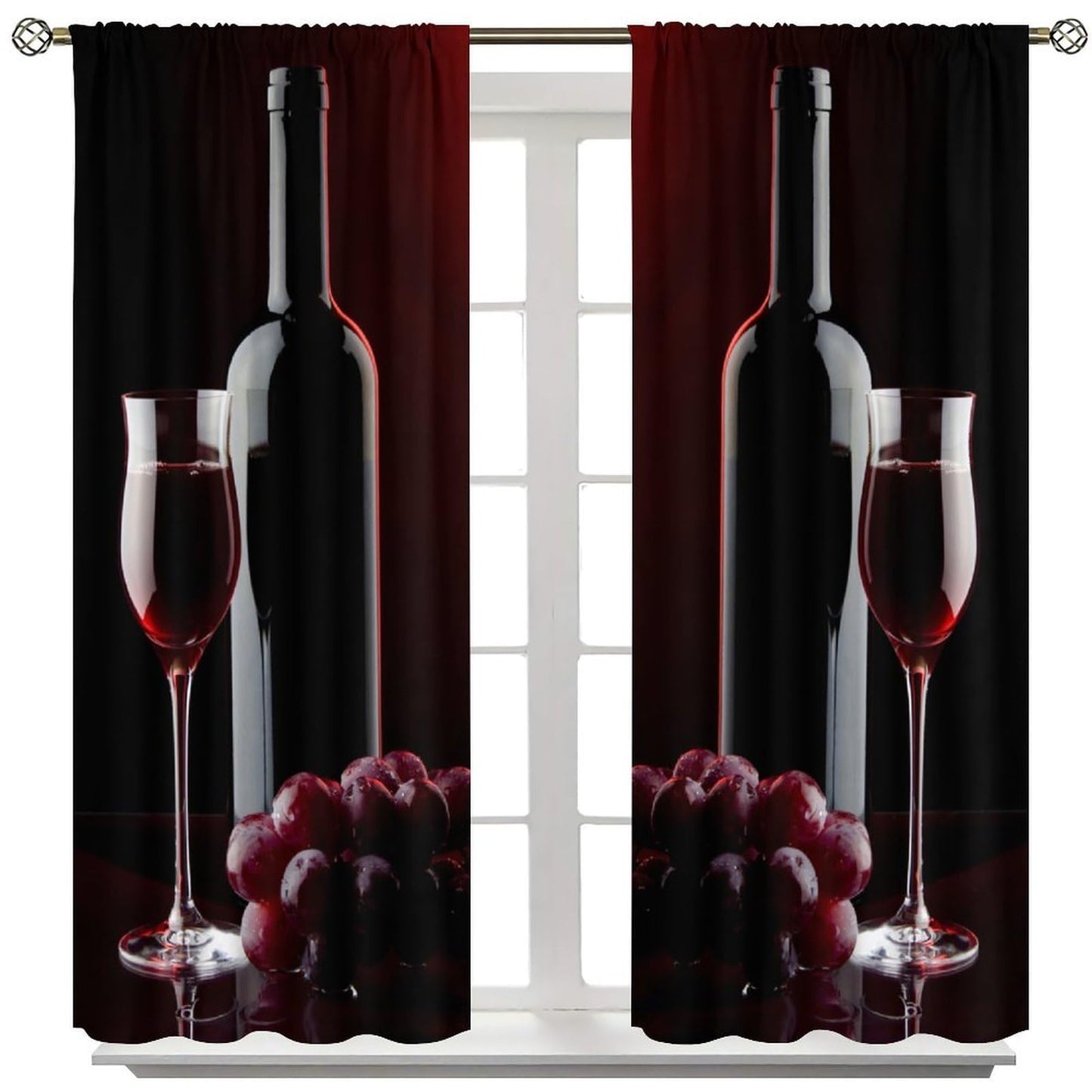 Wine Curtains, Red Wine Bottle Glass Grapes Print, Light Filtering Window Drapes for Kitchen Dining Room Living Room, 20.5" W x 44.5" L, 2 Panels （No Blackout）