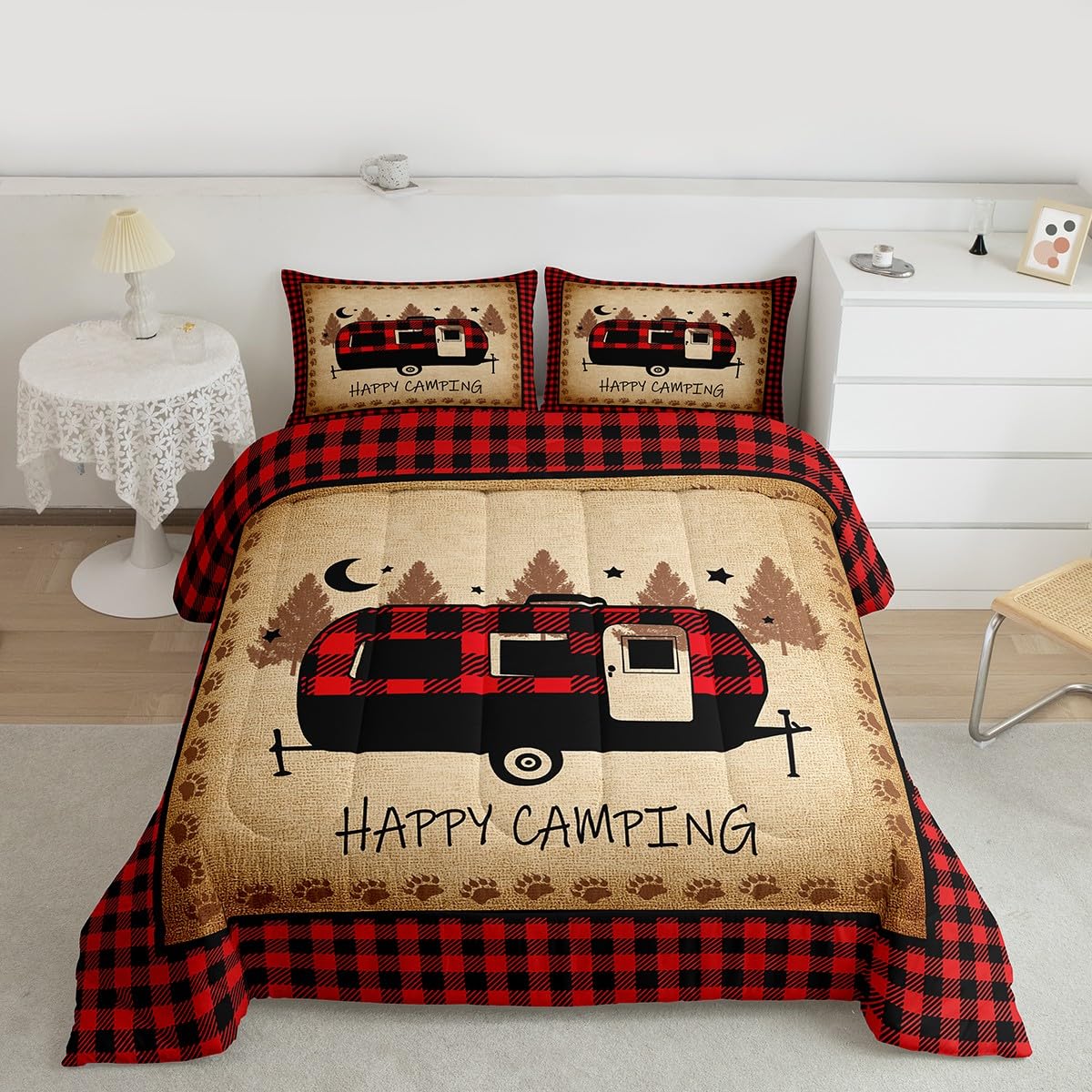 Erosebridal Camping Accessories Comforter Set Retro Farmhouse Bedding King, Black and Red Bedding Comforter Sets Lattice Checked Duvet Set, Kawaii Camper Quilted Comforter Super Cozy 3pcs