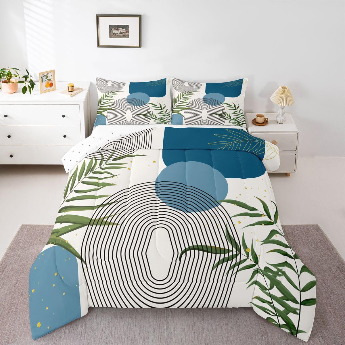 Erosebridal Boho Mid Century Twin Comforter Set, Green Sage Bedding Set for Kids Teens Men Women Bedroom, Modern Bohemian Minimalist Comforter, Contemporary Abstract Geometric Aesthetic Quilt
