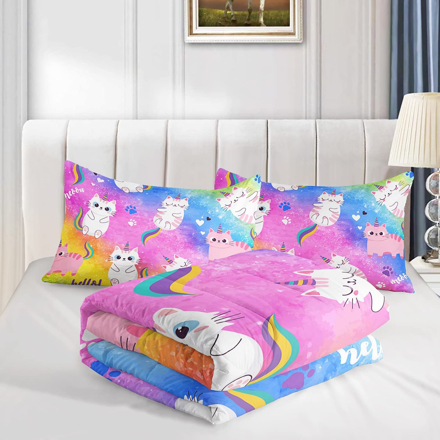 Axolotl Cat Bedding Twin Cartoon Cat Comforter Set, Rainbow Printed Kids Bedding Set for Girls, Adults, Teens, Kids Comforter Set All Season, 1 Quilt 2 Pillow Cases, Colorful Pink Blue