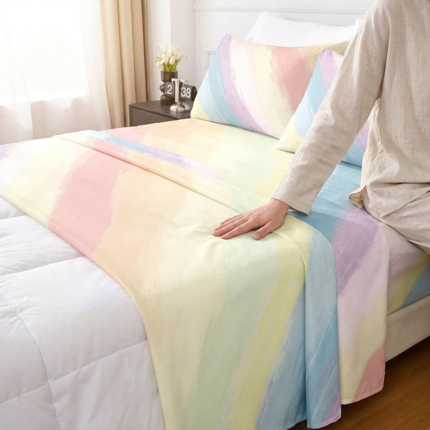 HCORA Floral King Sheet Set, Ultra Soft Double Brushed Microfiber Bed Sheets, Deep Pocket, Breathable, Wrinkle Resistant, Easy Care, 4PC, King