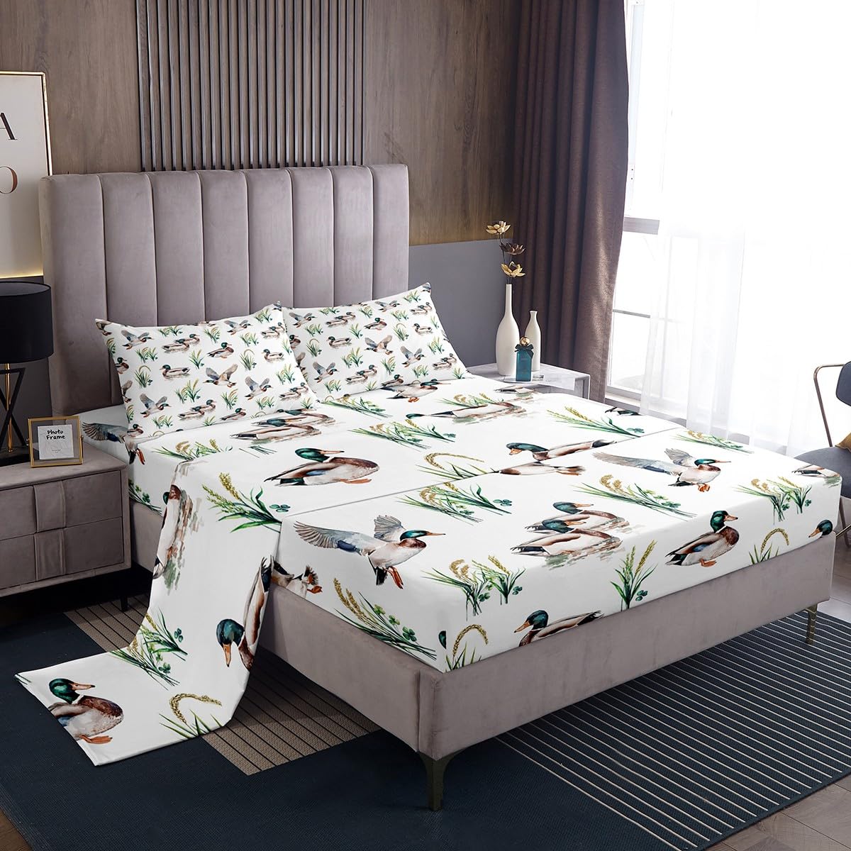 Feelyou Mallard Duck Bedding Set Twin Size for Boys Teens Kids Duck Hunting Bed Sheets Wild Animal Hunter Botanical Fitted Sheet Set Home Decor