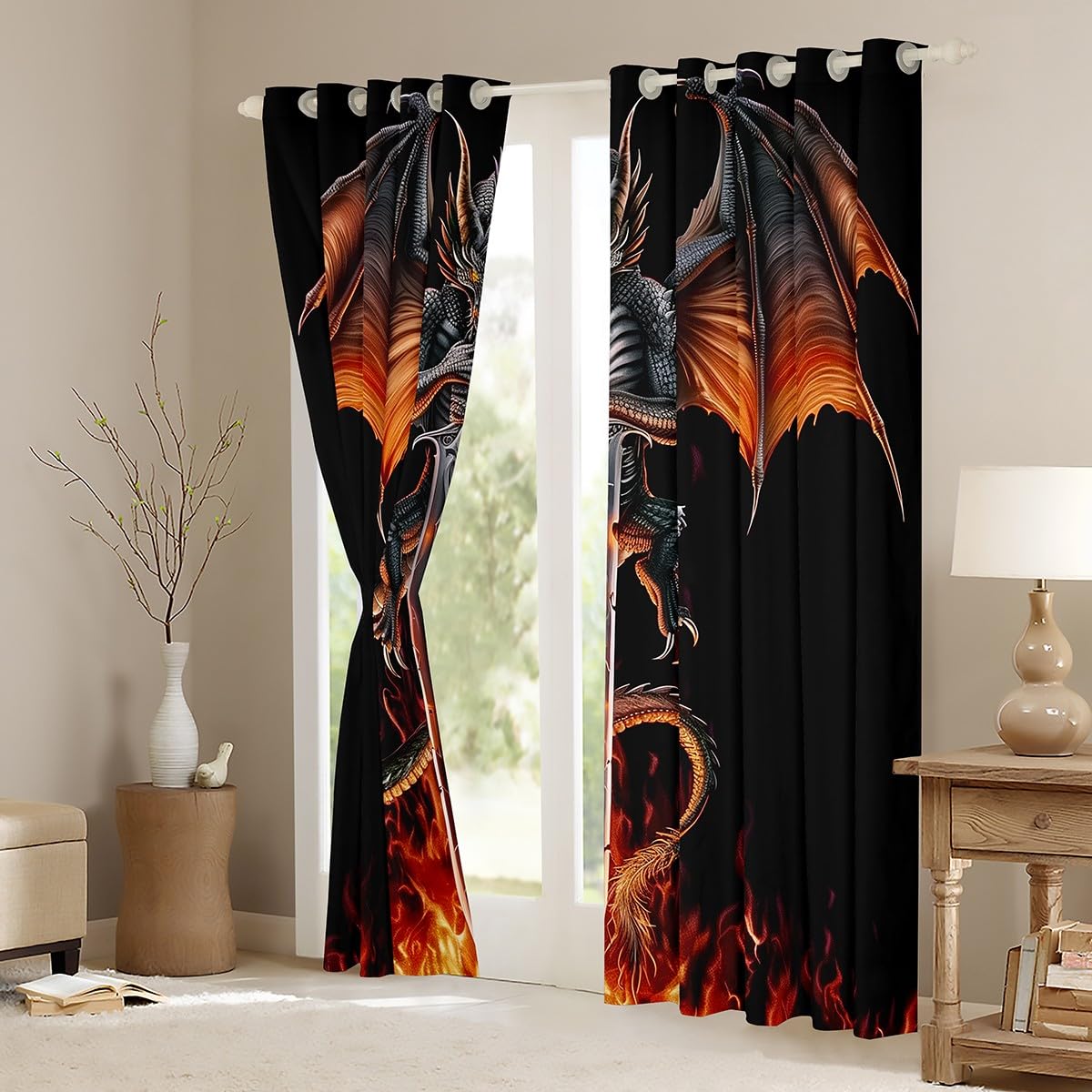 Feelyou Medieval Dragon Blackout Curtains (2 Panels, 42 x 63 Inch) Sword Fire Pattern Darkening Drapes Ancient Wildlife Curtains for Bedroom Living Room