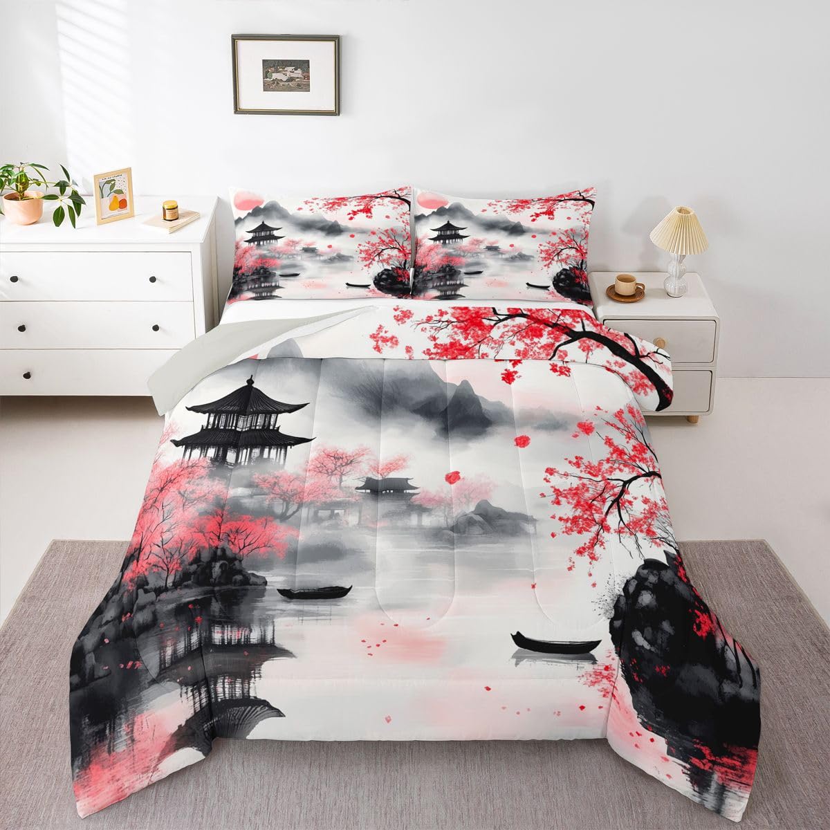 jejeloiu Chinese Ink Painting Bedding Set Soft for Boys Girls, Cherry Blossom Comforter Set Queen Size Mountain Duvet Quilt Microfiber Japanese Style Bedroom Decor 3 Pcs with 2 Pillow Cases