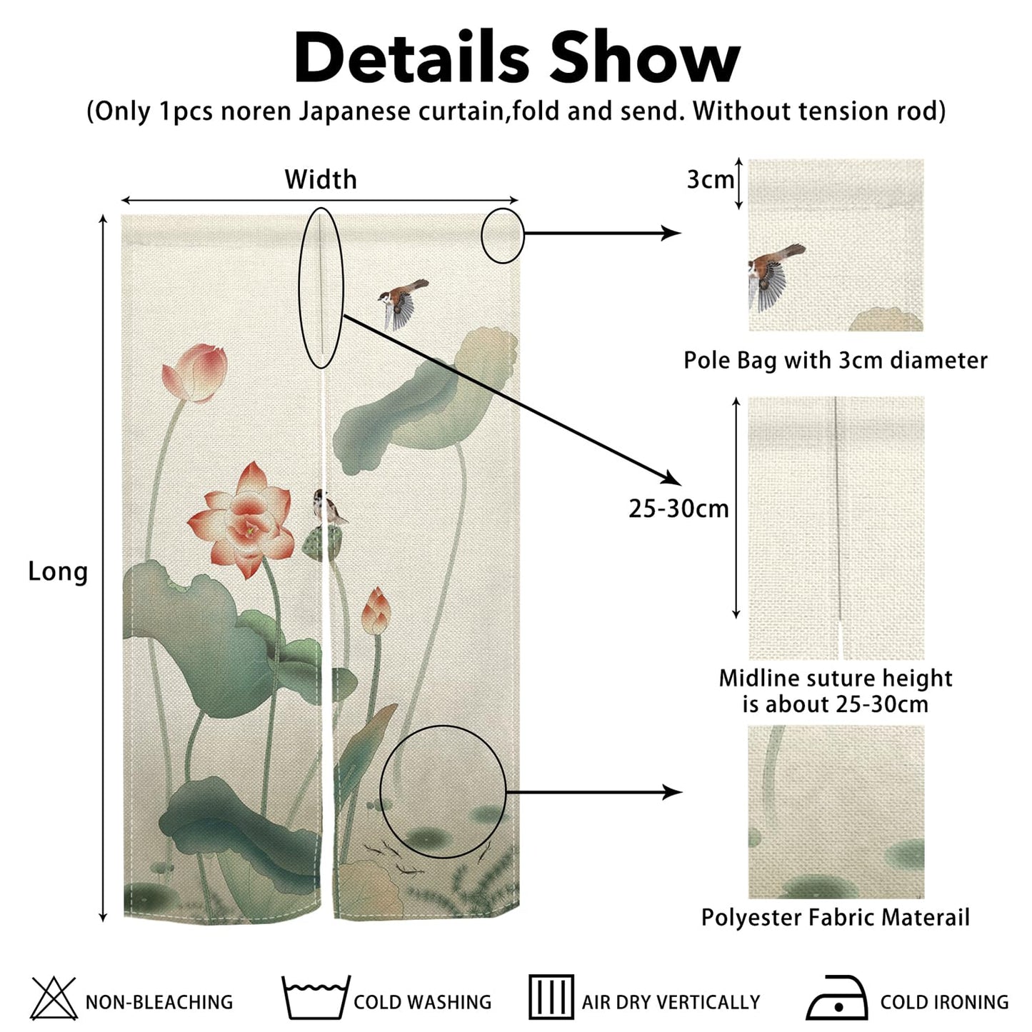 Leowefowa Japanese Noren Doorway Curtain Tapestry Traditional Lotus Bird Printed Window Treatment Polyester for Hanging Room Divider Home Decor Japanese Privacy Kitchen Door Curtains, 33.5"x 70.9"
