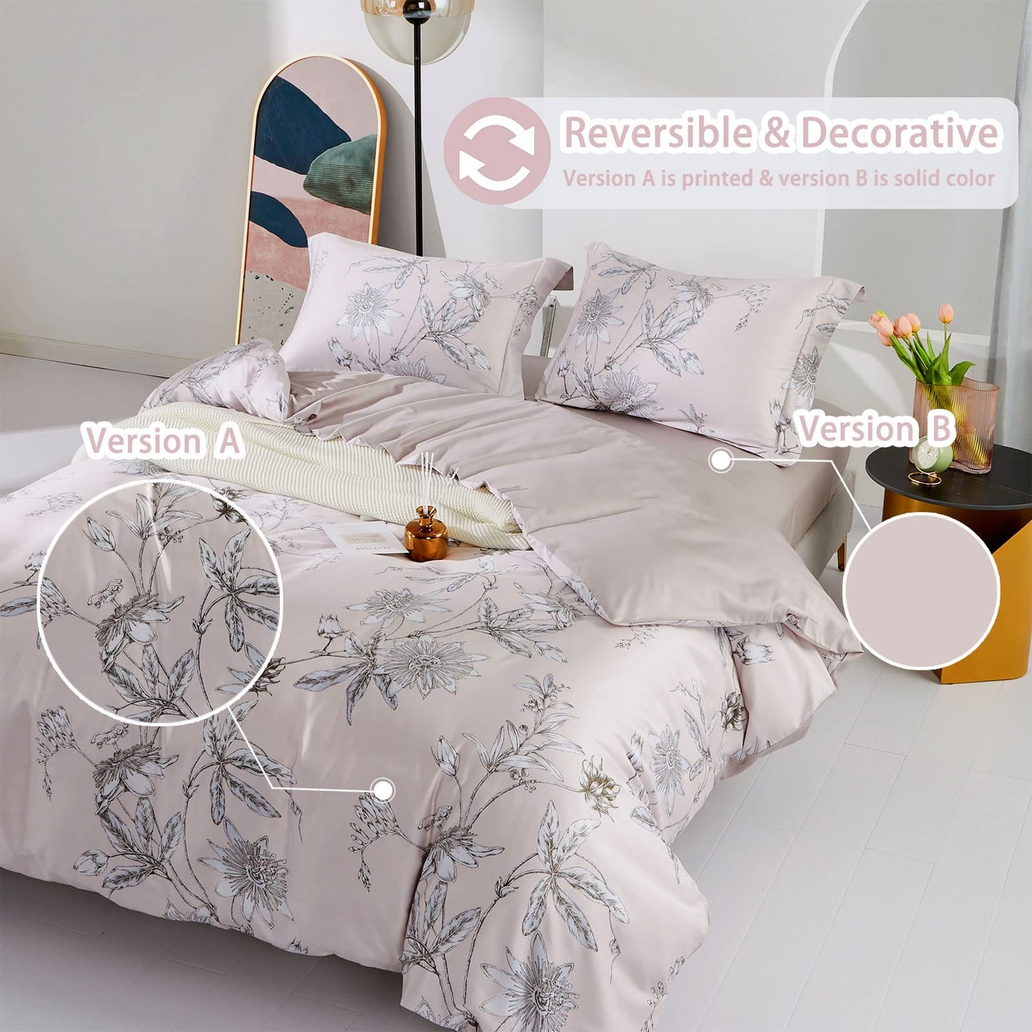 MILDLY 100% Long-Staple Cotton Duvet Cover Set Light Pink Elegant Floral Pattern Printed Comforter Cover 3pcs, Ultra Soft & Breathable Bedding Set