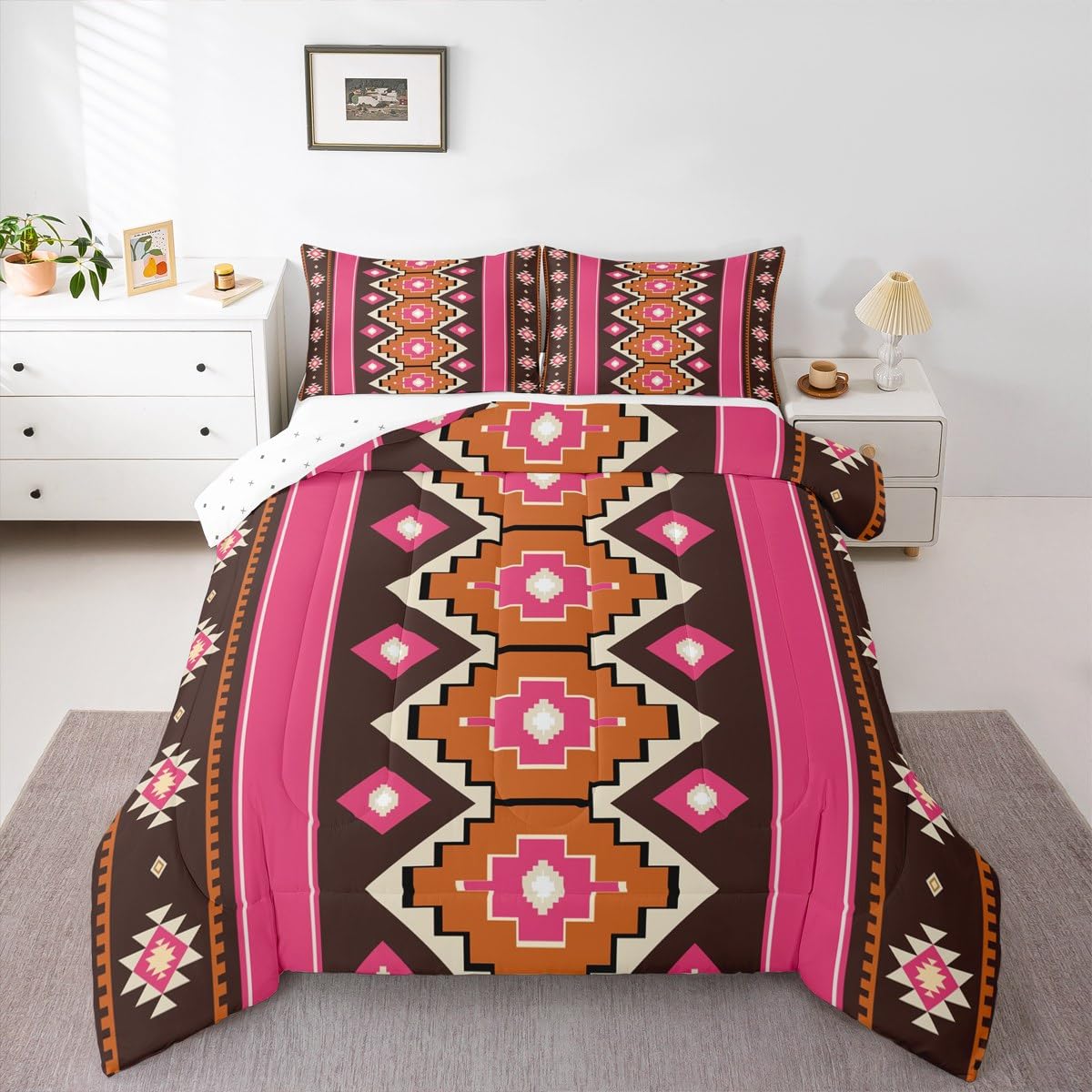 Feelyou Boho Aztec Comforter Set Twin Size West Bedding Set for Kids Boys Girls Pink Brown Duvet Quilt Western Bedroom Decor Microfiber 2 Pcs with 1 Pillow Cases