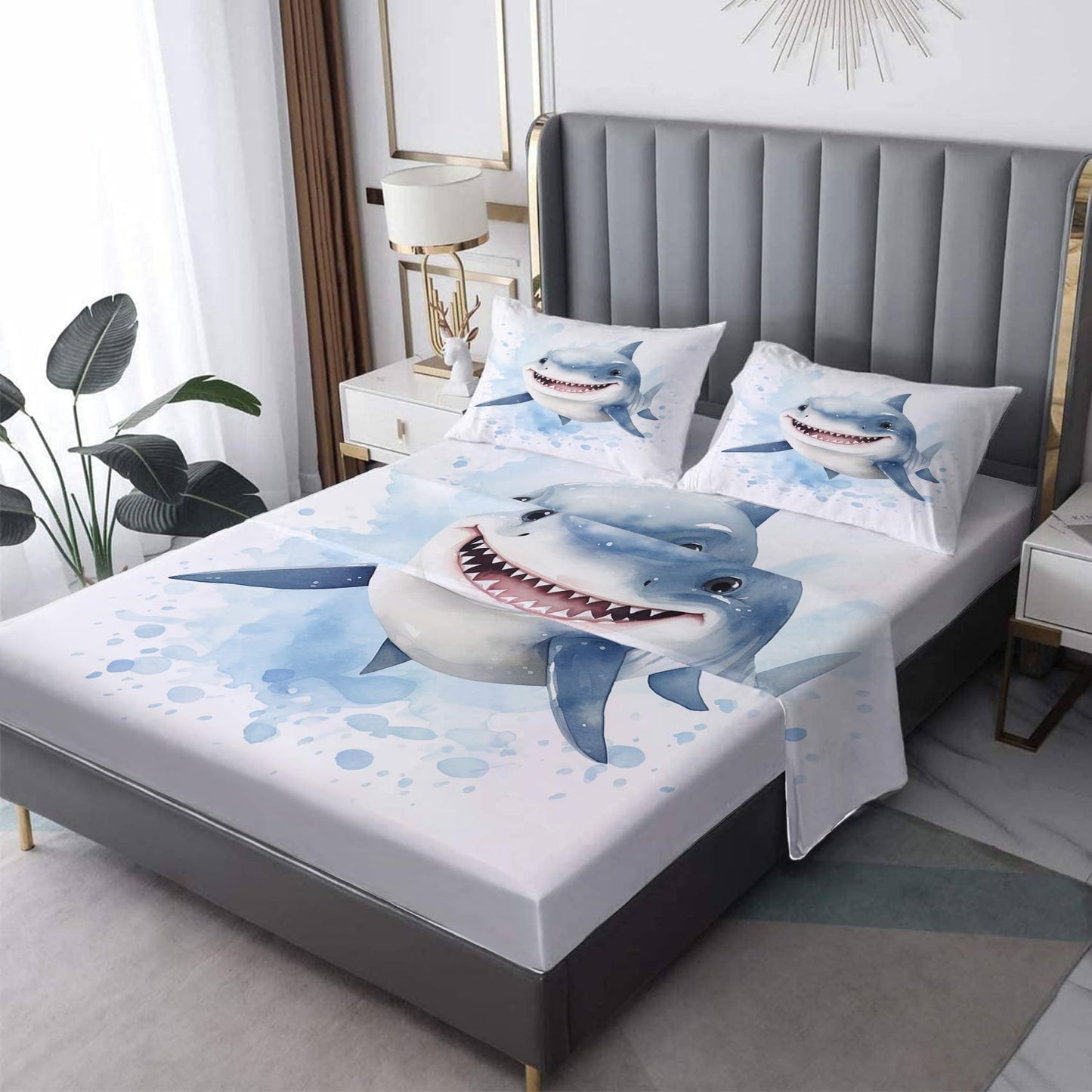 Rejkxyw King Size Sheets Set Blue Shark - Cartoon Bed Sheets - Kids Boys Sheet Set - 12 Inch Deep Pocket - Ultra Soft Winkle Free Microfiber Bedding Sheets & Pillowcases 4 Piece