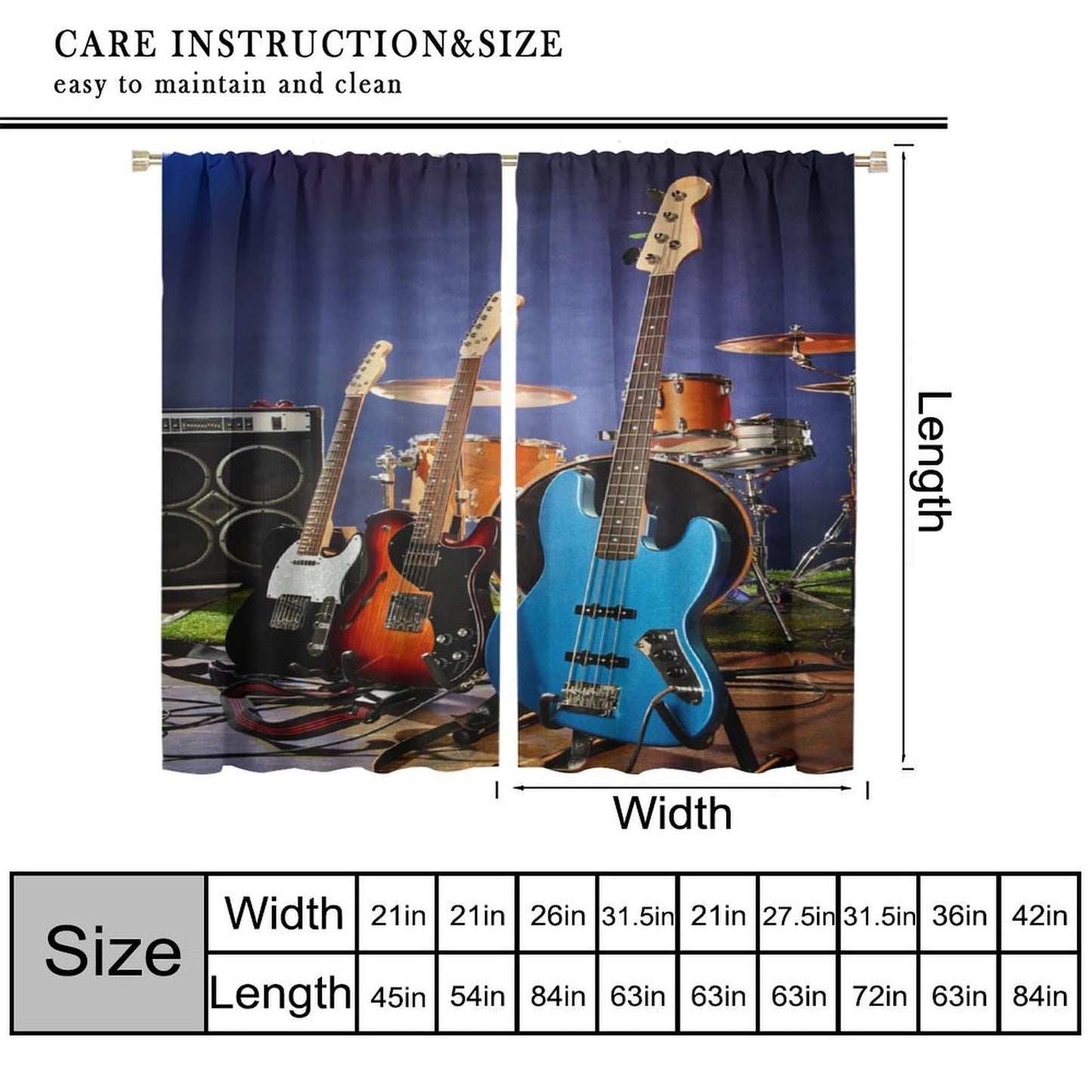 Djaby Music Themed Guitar Curtain, Rock Music Drum Kit Musical Instruments Print Window Drapes for Bedroom Living Room 42" W X 45" L(No Blackout)
