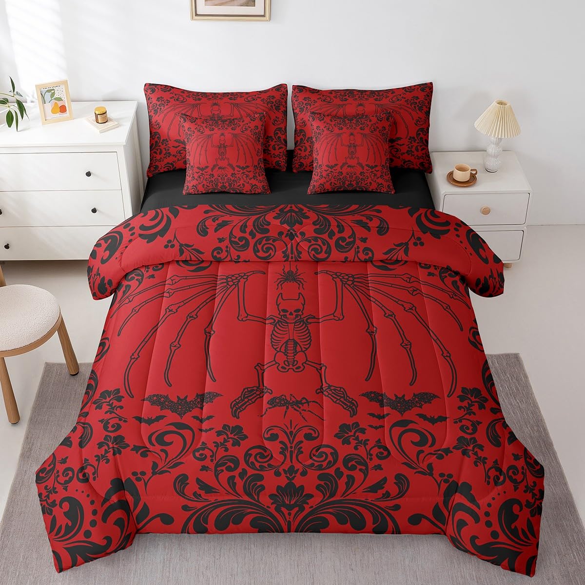 Erosebridal Gothic Moth Skull Bed in A Bag 7 Piece Queen Halloween Bats Spider Bedding Set Red Black Damask Goth Comforter Set with Sheets for Kids Boys Adults Men,Hippie Floral Skeleton Bed Set