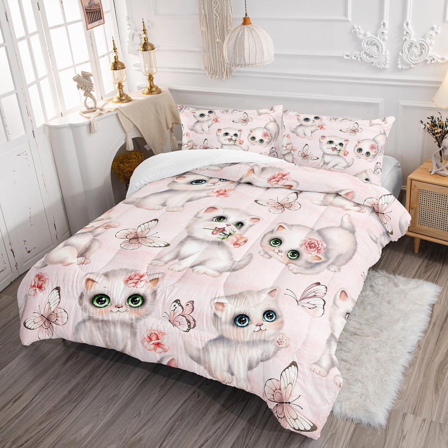 XYNHML Kids Bedding Full Cartoon Cat Comforter 3 Pieces Pink White Cat Butterflies Comforter Set for Teens Kids Boys Girls Adults Kawaii Flower Quilt with 1 Comforter and 2 Pillowcases