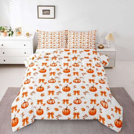 Erosebridal Thanksgiving Pumpkin Comforter Set Fall Decorations Bow Full Size Bedding Sets | Autumn Harvest Theme Comforter Maple Leaf Fall Leaves Bowknot Bed Set