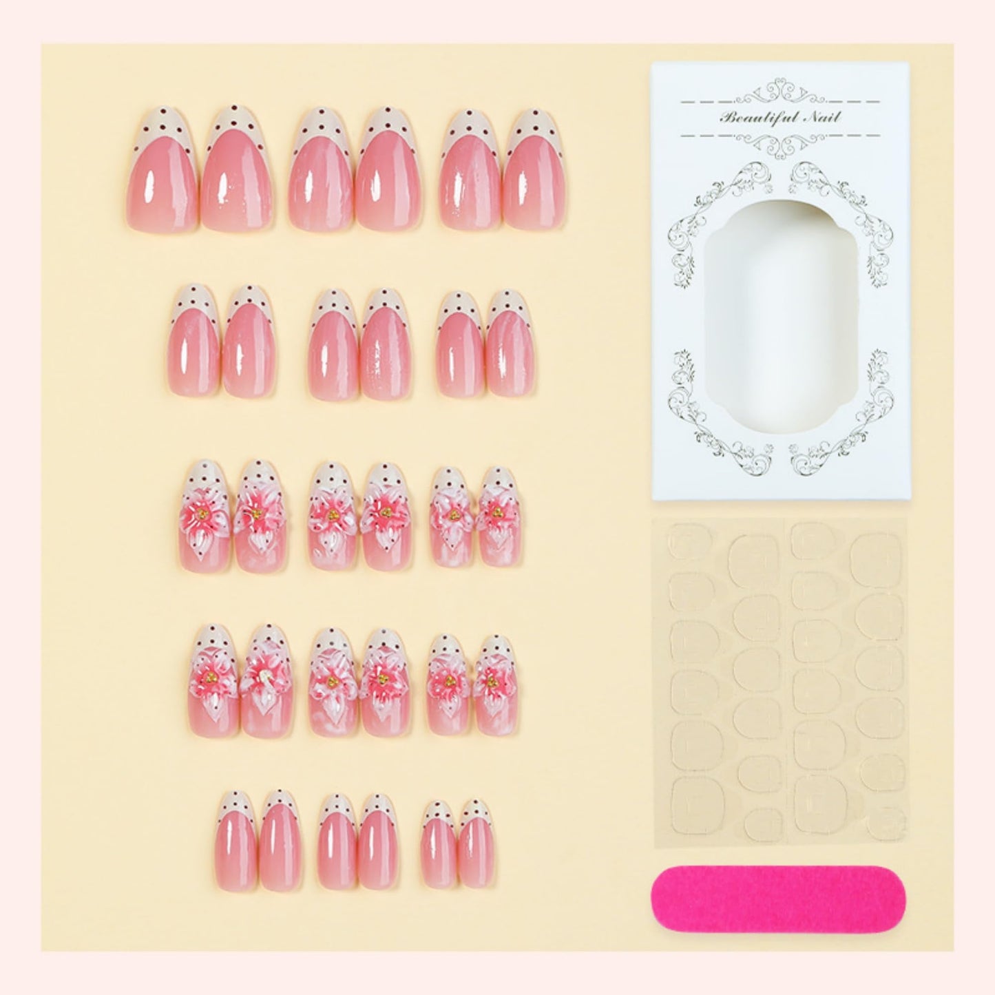 octoswave Press on Nails Almond Shape Medium Length 3D Flower French Tip Pink Fake Nails with Black Polka Dots for Women Girls Party Wedding Prom 30Pcs