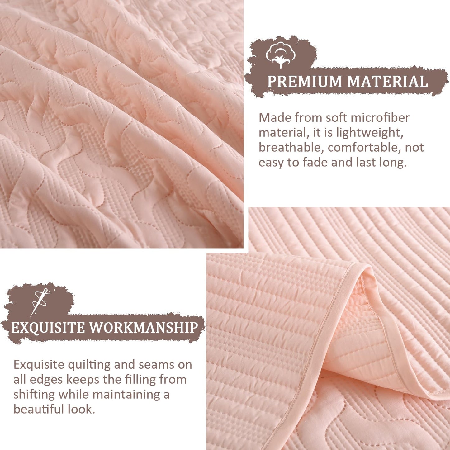 Yiran Blush Pink Quilt Set Queen Size, 3 Piece Reversible Bedspreads Bedding Set, Fall Wave Striped Pattern Coverlet for All Season with 2 Pillow Shams (Full/Queen, 96x90 Inch)