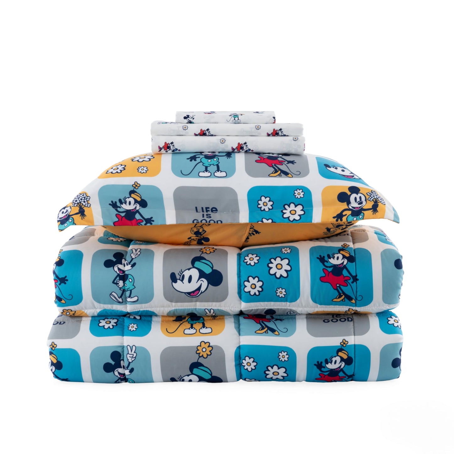 Berkshire LIG Printed Reversible Microfiber Comforter Set–5-Piece, Ultra Soft All-Season Bedding for Kids, Wrinkle & Fade Resistant, Twin, Steamboat Willie Boxes Extra Large Blue